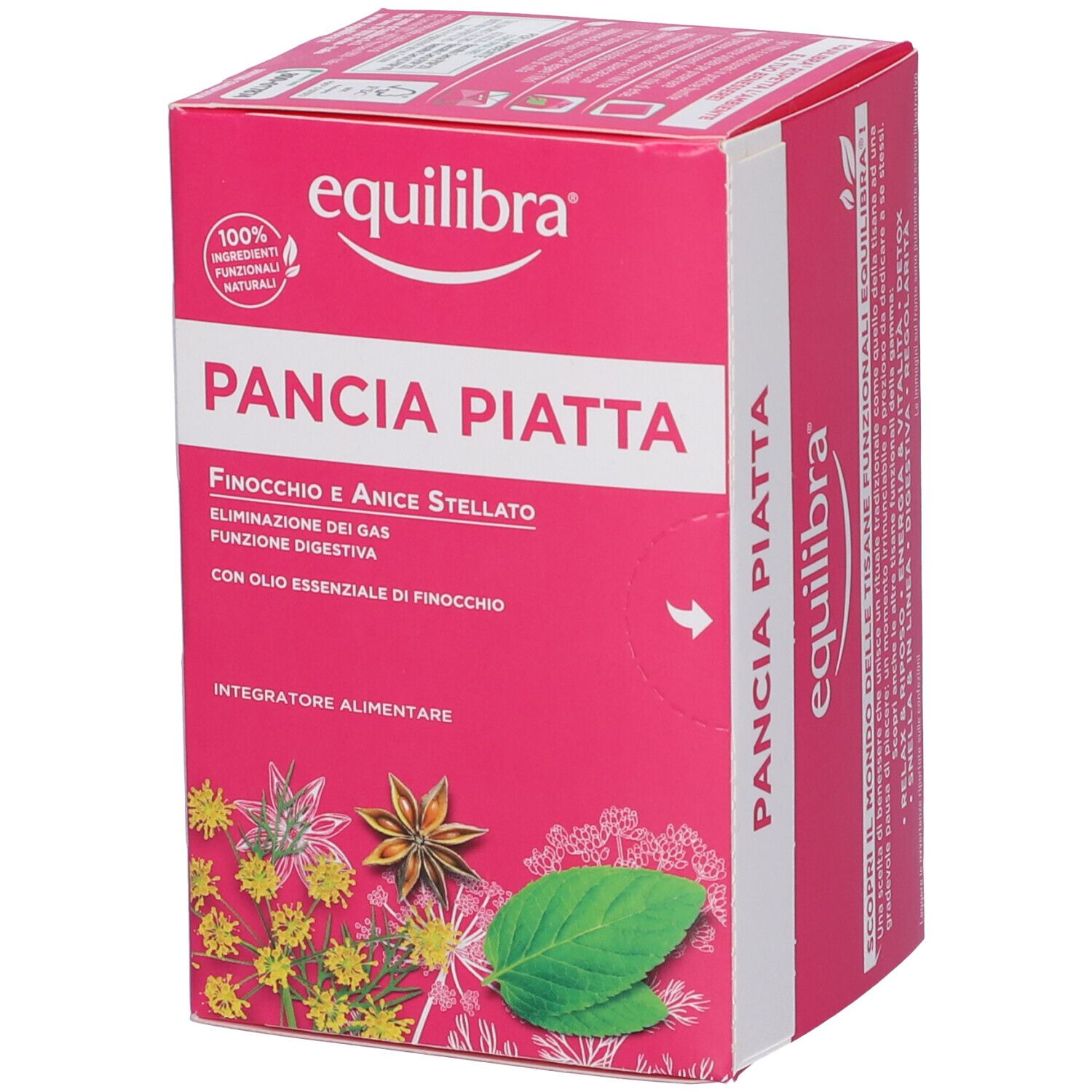 Scatola rosa con nome e logo del prodotto. Contiene finocchio e anice stellato. Ingredienti naturali al 100%.