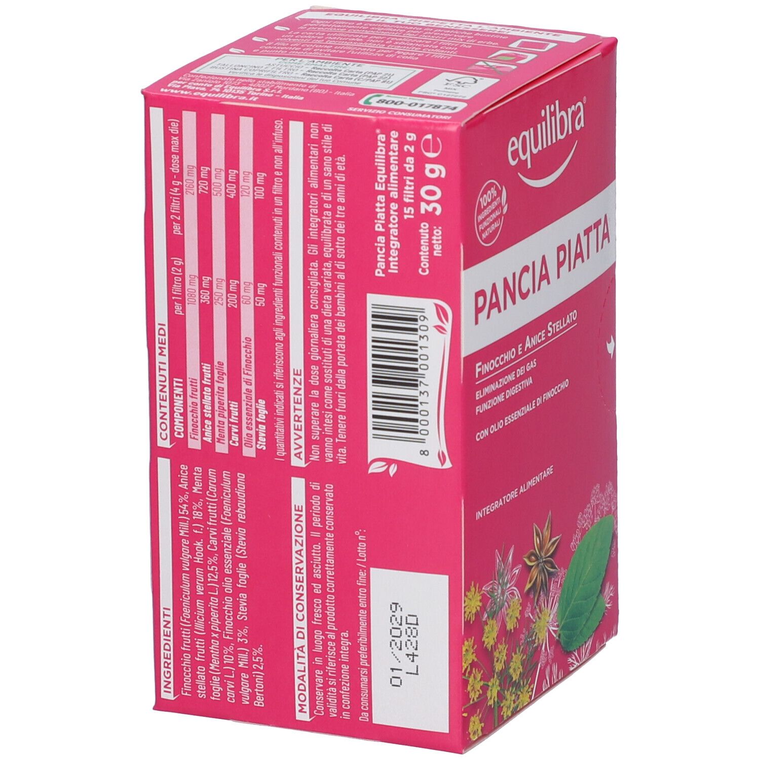 Scatola rosa con informazioni sul prodotto. Contiene finocchio, anice, stevia. Informazioni nutrizionali e avvertenze.