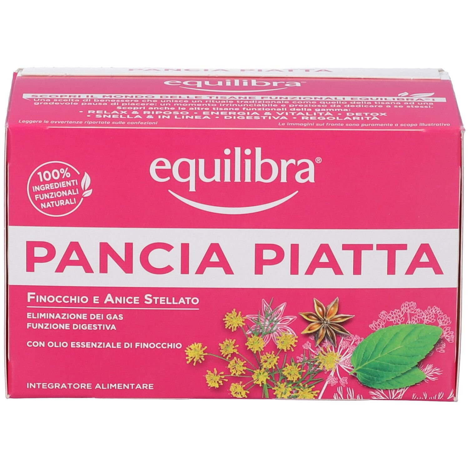 Scatola rosa con nome e logo del prodotto. Contiene finocchio e anice stellato. Ingredienti naturali al 100%.