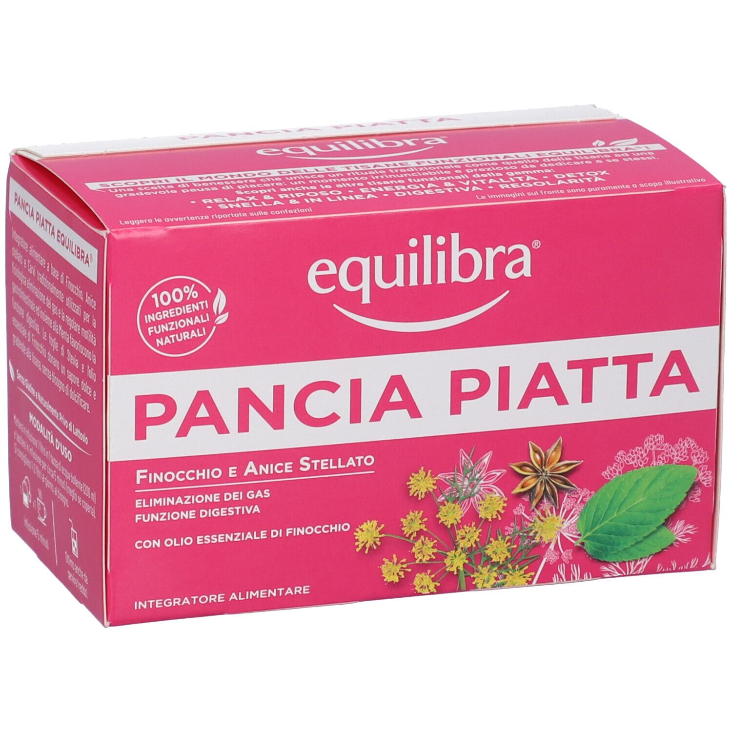 Scatola rosa con nome e logo del prodotto. Contiene finocchio e anice stellato. Ingredienti naturali al 100%.