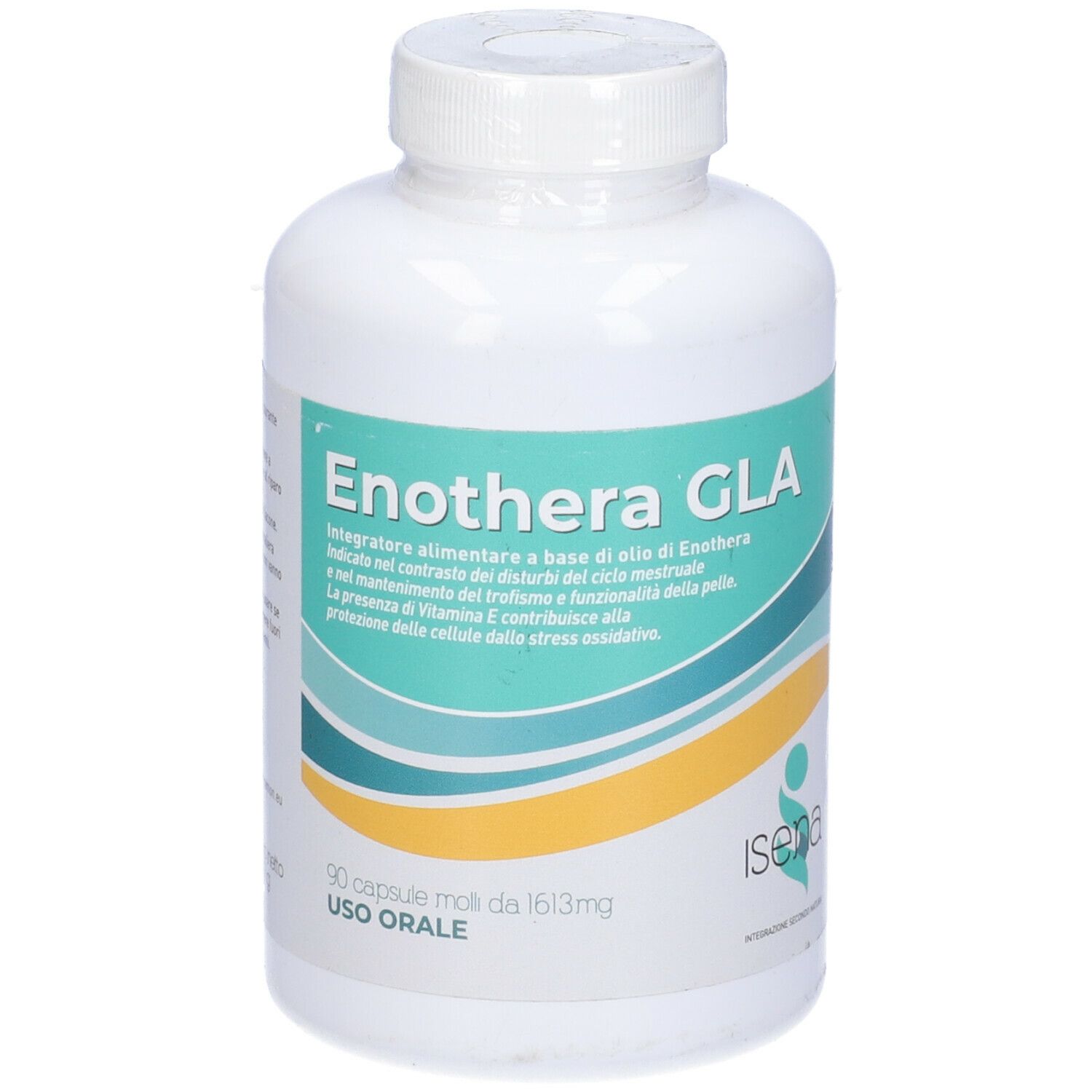 Flacone bianco con etichetta. Scritta: Enothera GLA. Strisce giallo e blu. 90 capsule.