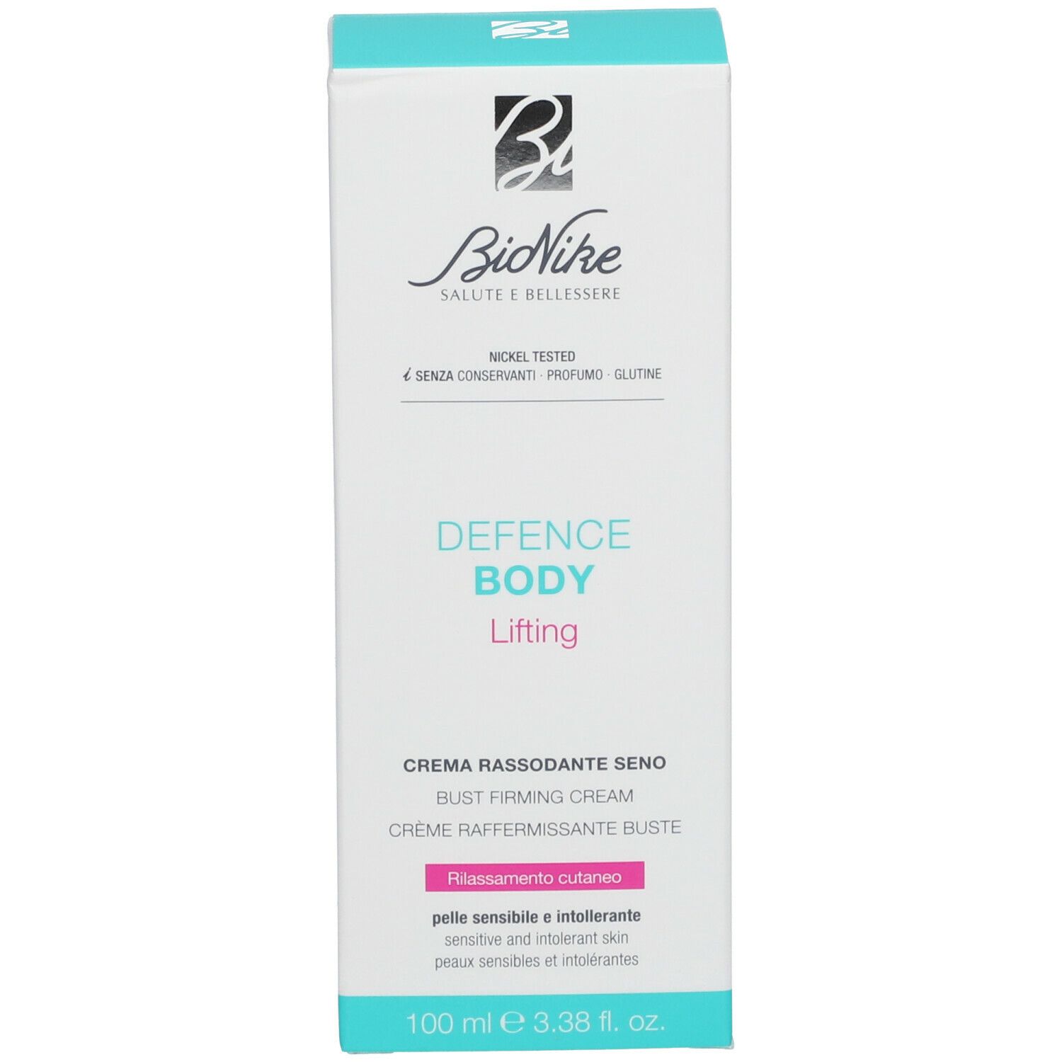 Scatola bianca con logo "BioNike" e "Defence Body Lifting". Contiene informazioni sul prodotto.