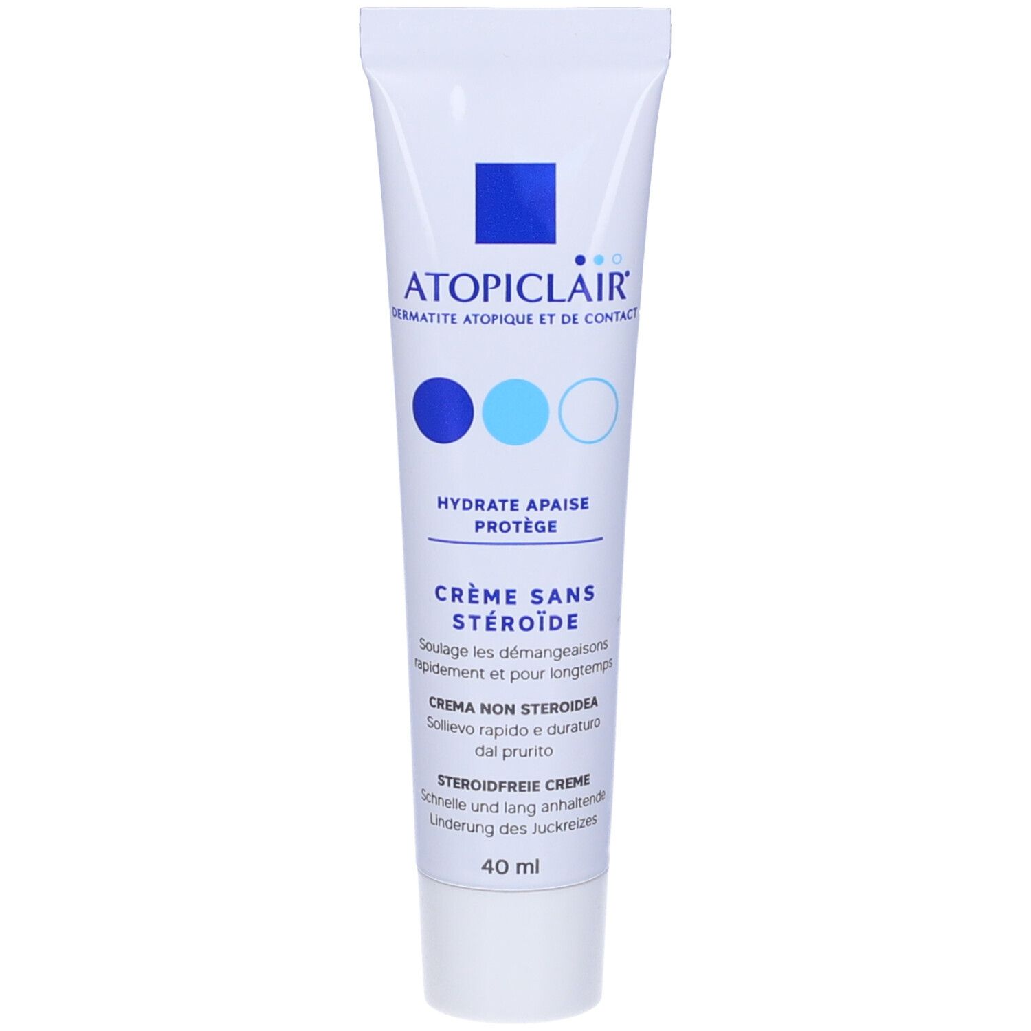 Tubo bianco con logo e testo blu. Testo: Hydrate apaise protège. Crème sans stéroïde. 40 ml.