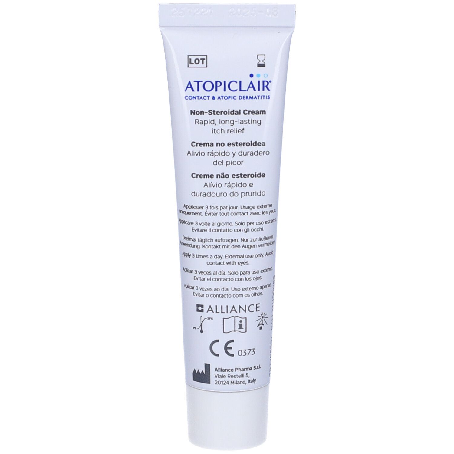 Tubo bianco con logo e testo blu. Testo: Non-Steroidal Cream. 40 ml. Marchio CE.