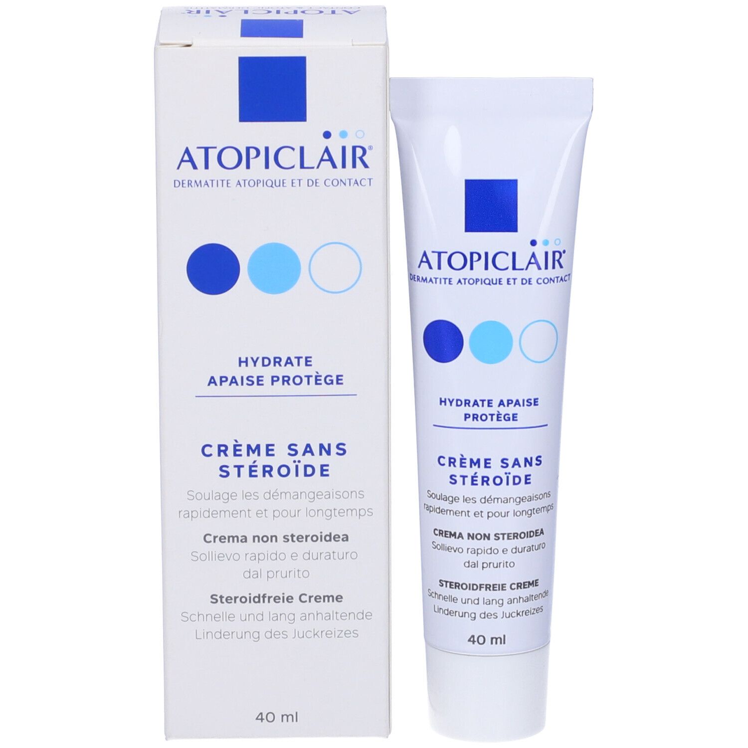 Crema e confezione. Bianco con logo e testo blu. Testo: Crème sans stéroïde. 40 ml.