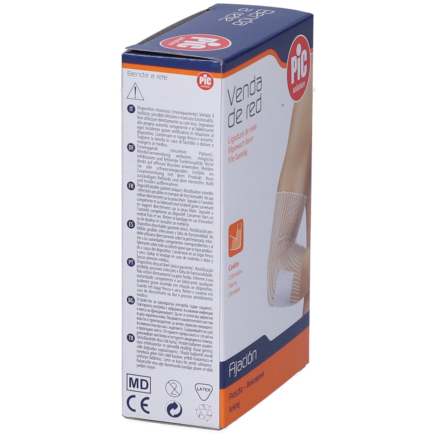Retro della confezione Venda de red. Logo PIC. Testo multilingue. Marchio CE.