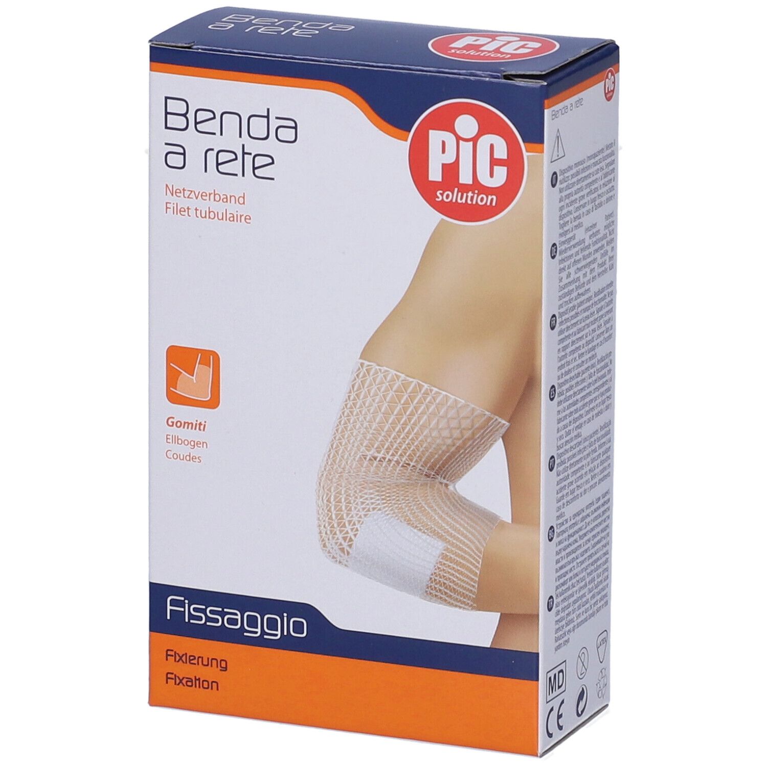 Confezione di Benda a rete per gomiti. Logo PIC. Illustrazione: gomito con bendaggio a rete.