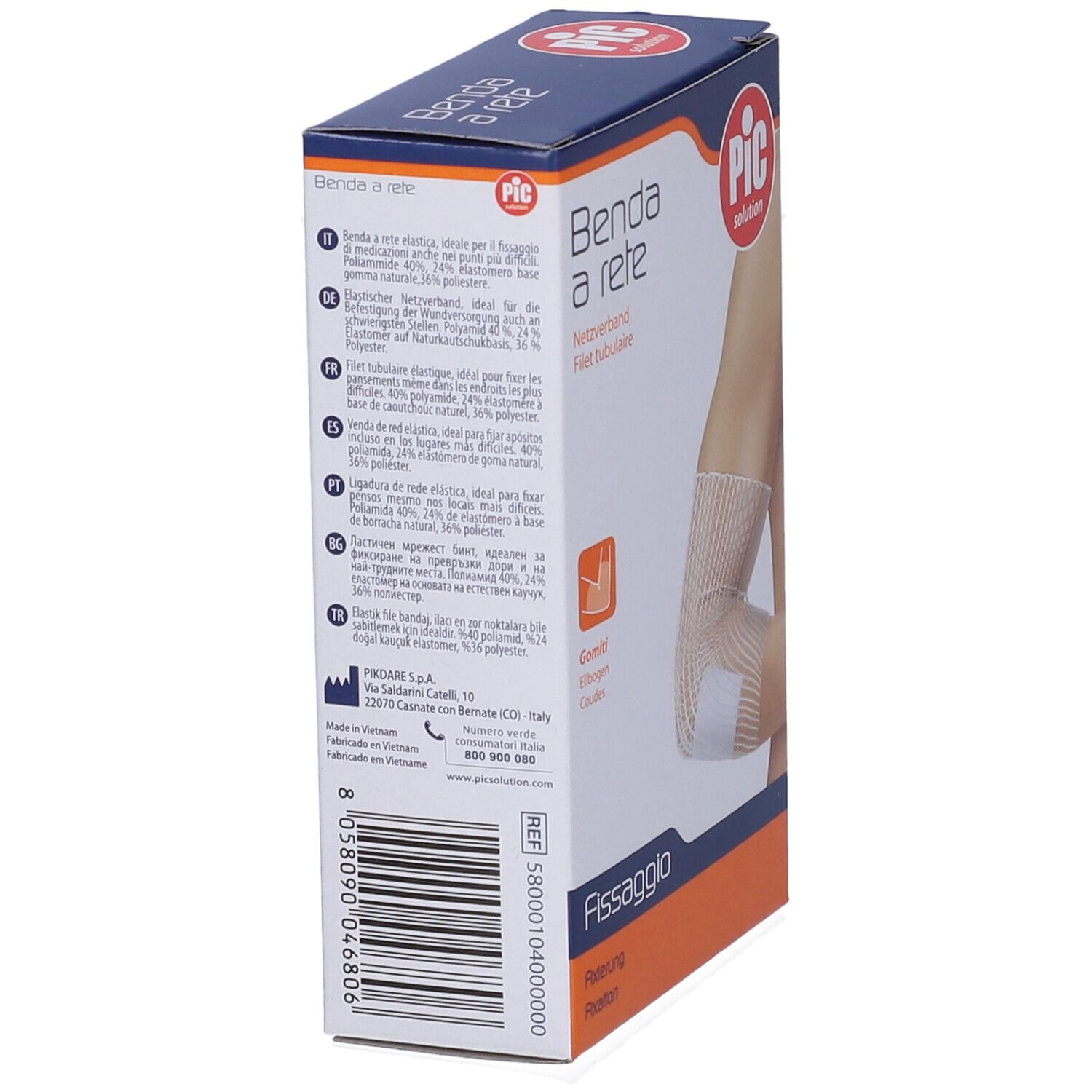 Retro della confezione Benda a rete. Logo PIC. Testo multilingue. Marchio CE.