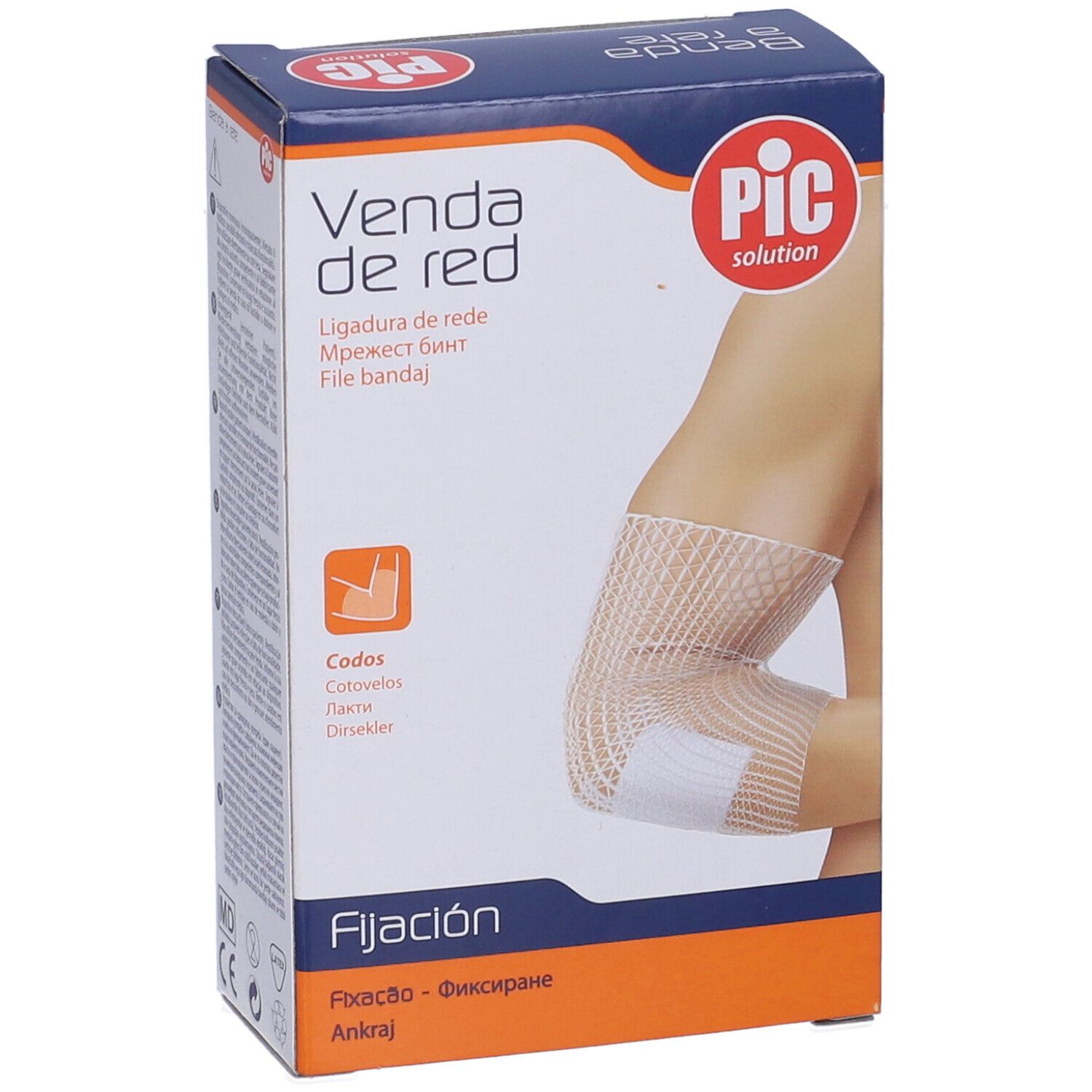 Confezione di Venda de red per gomiti. Logo PIC. Illustrazione: gomito con bendaggio a rete.