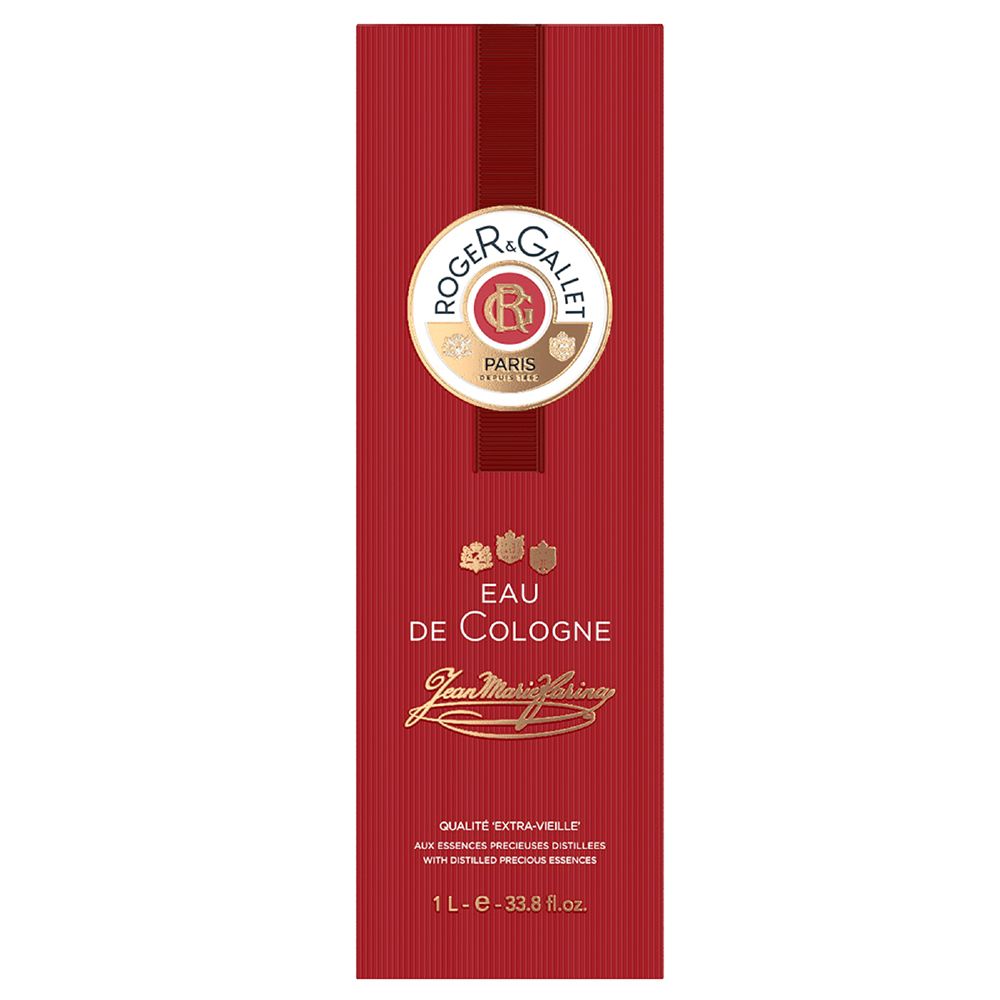 Confezione rossa con logo Roger&Gallet, Eau de Cologne. Testo: Qualité Extra-Vieille, 1L.