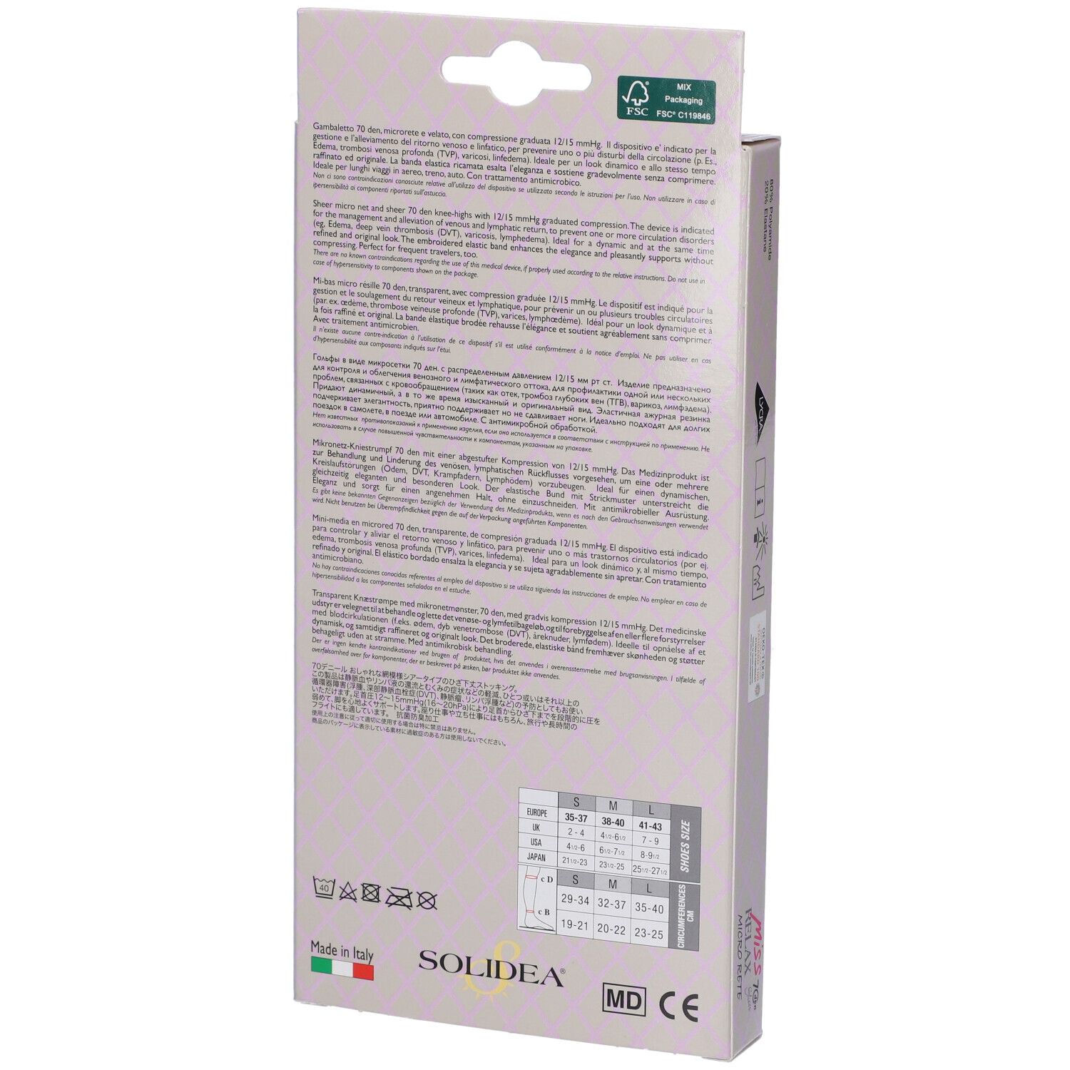 Retro della confezione di calze al ginocchio. Informazioni testuali e indicazioni di taglia visibili. Marchio Solidea.