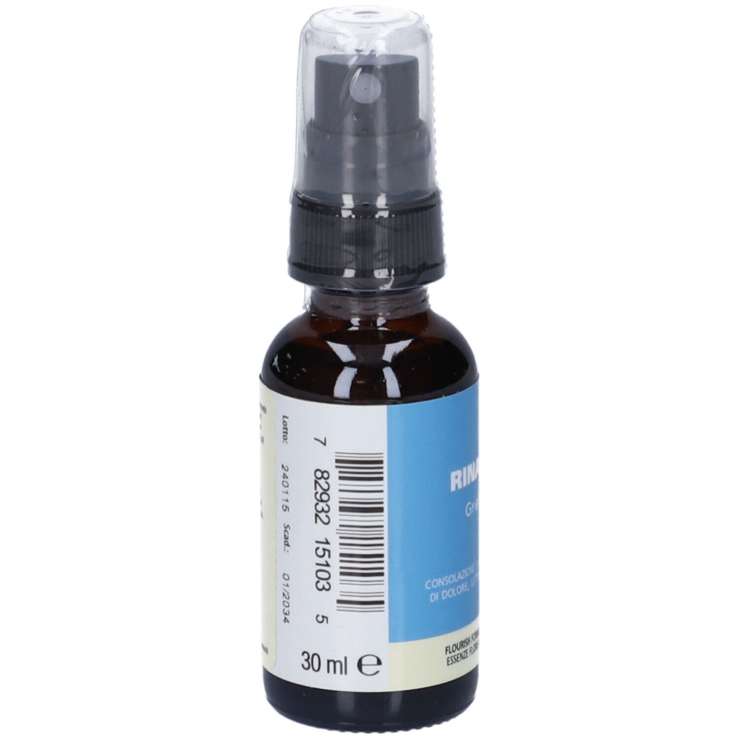 Flacone di vetro marrone con vaporizzatore. Etichetta blu con testo e codice a barre. Volume: 30 ml.
