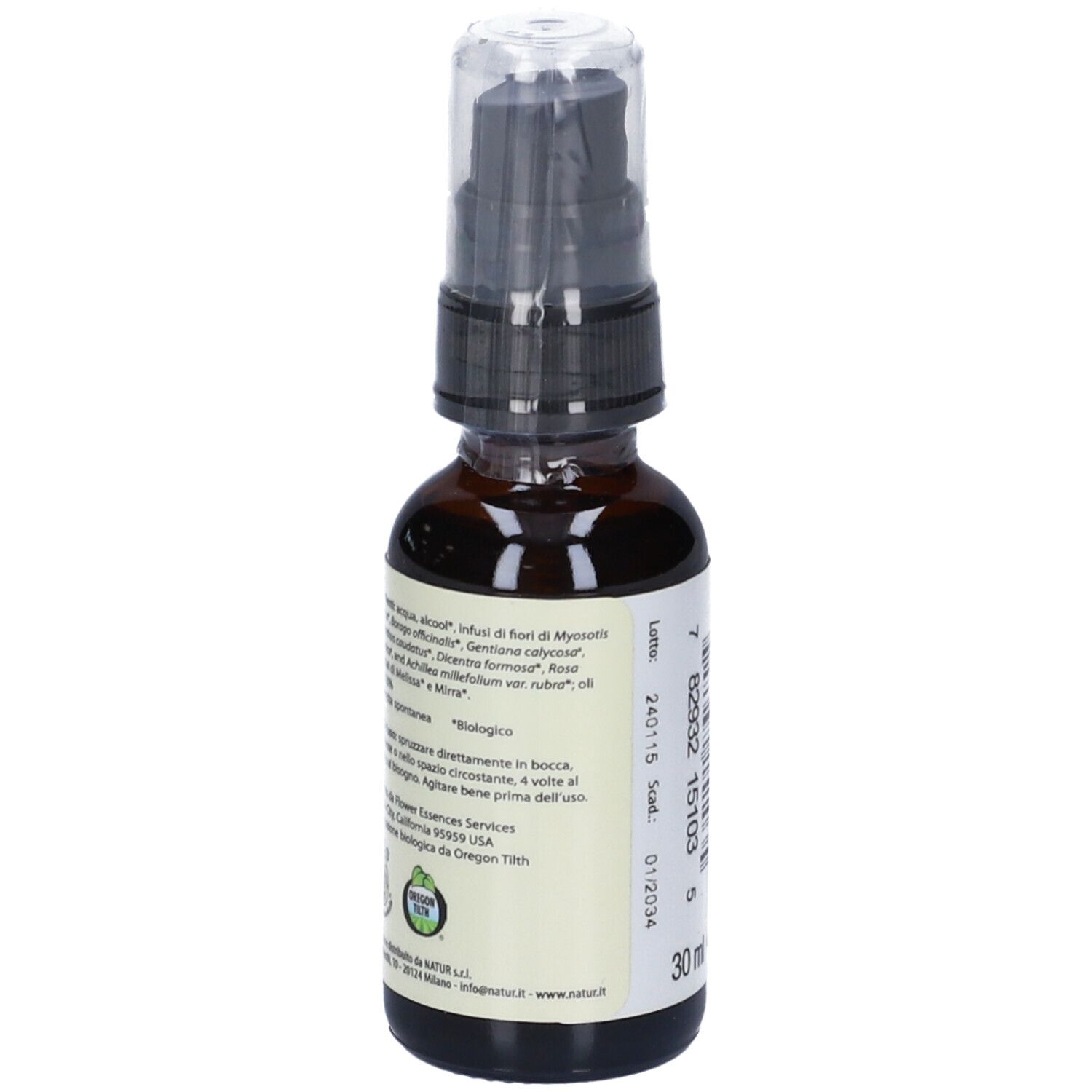 Flacone di vetro marrone con vaporizzatore. Retro con testo e logo. Volume: 30 ml.