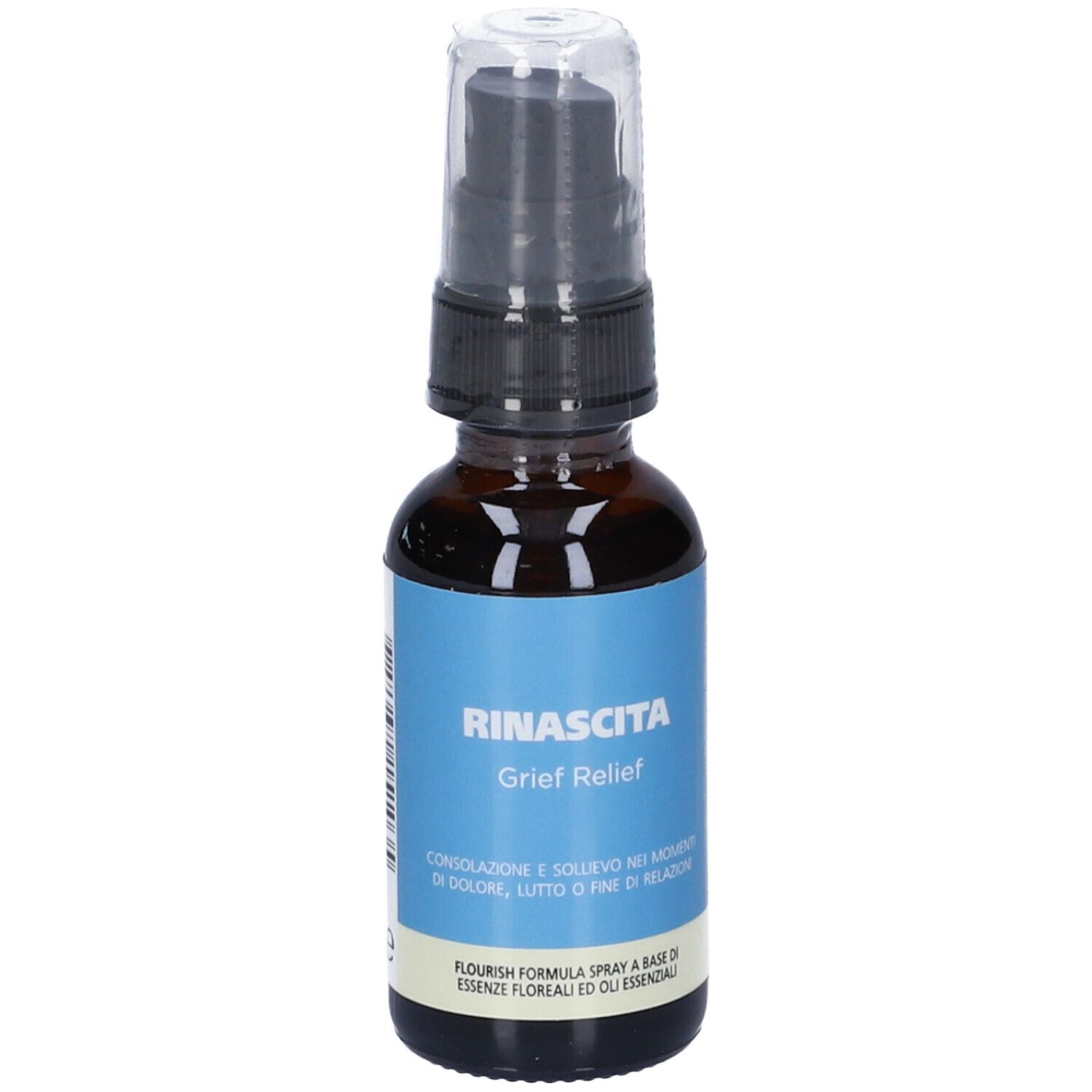 Flacone di vetro marrone con vaporizzatore. Etichetta blu con testo: Grief Relief. Nome del prodotto non indicato.