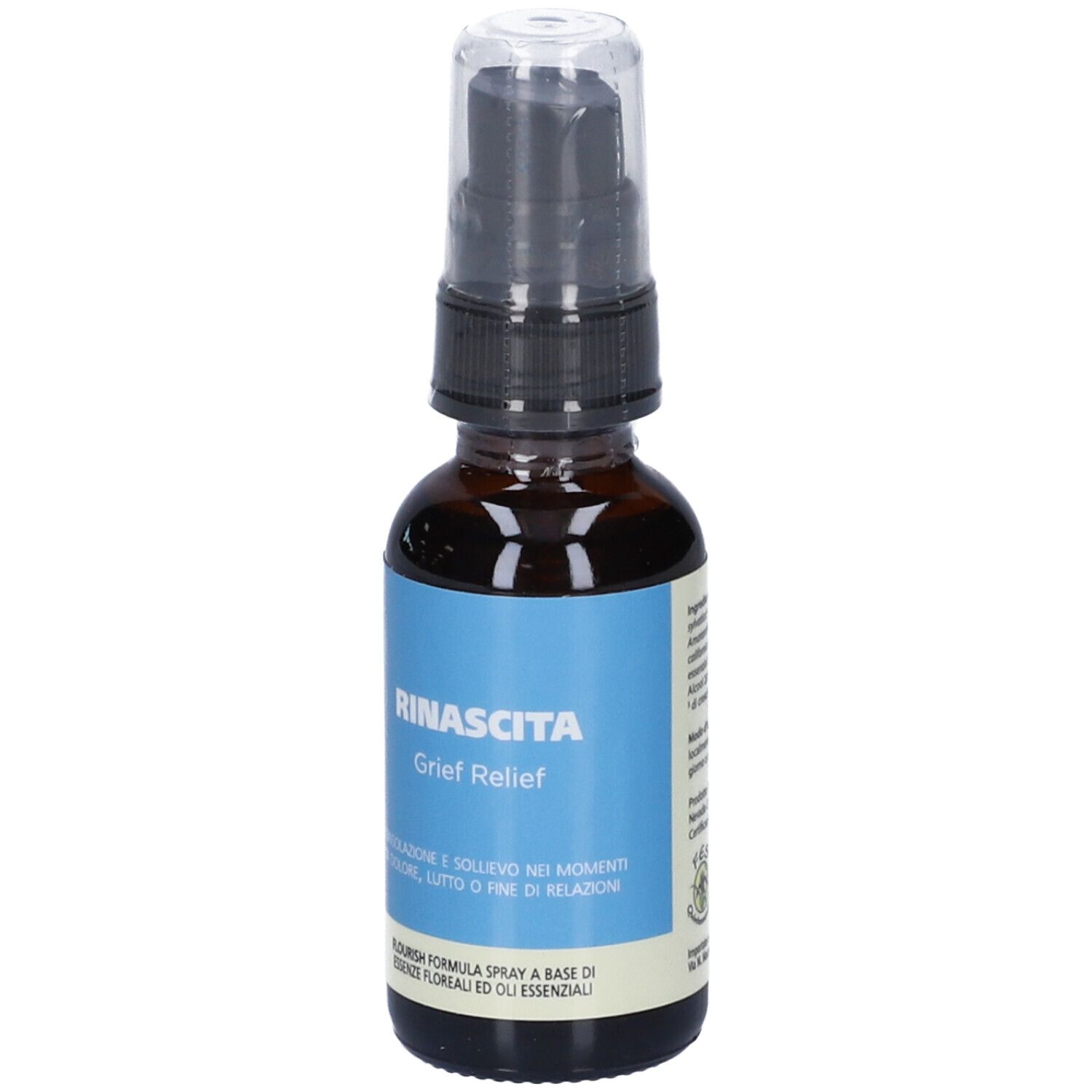 Flacone di vetro marrone con vaporizzatore. Etichetta blu con testo: Grief Relief. Nome del prodotto non indicato.
