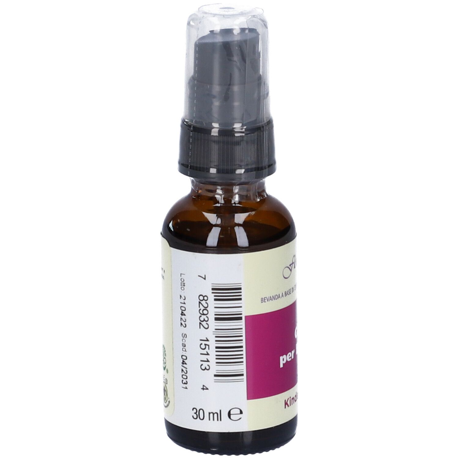 Flacone di vetro marrone con vaporizzatore. Scritta: 30 ml e. Etichetta con ingredienti e numero di lotto.