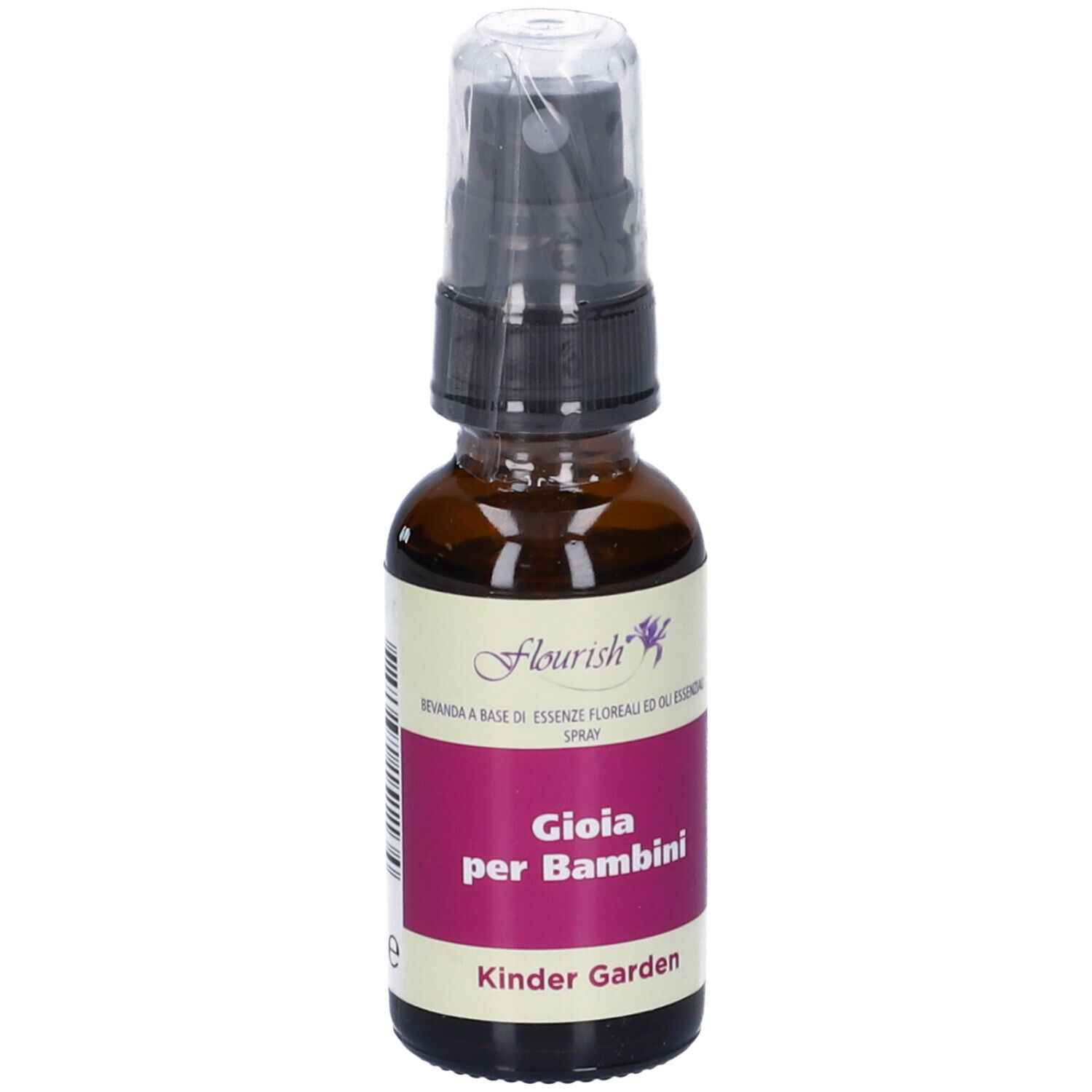 Flacone di vetro marrone con vaporizzatore. Scritta: Kinder Garden, Gioia per Bambini. Etichetta viola con logo.