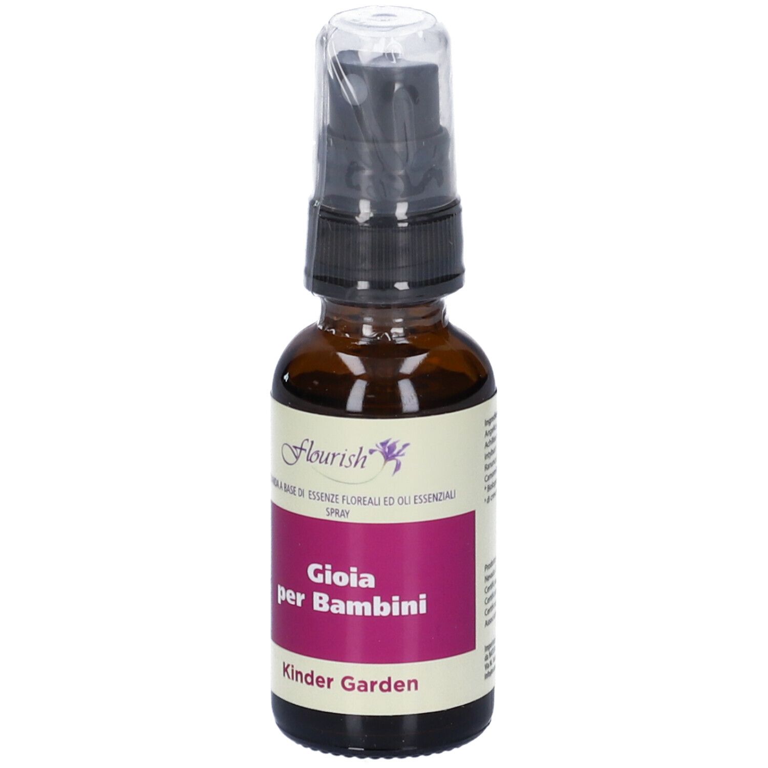 Flacone di vetro marrone con vaporizzatore. Scritta: Kinder Garden, Gioia per Bambini. Etichetta viola con logo.