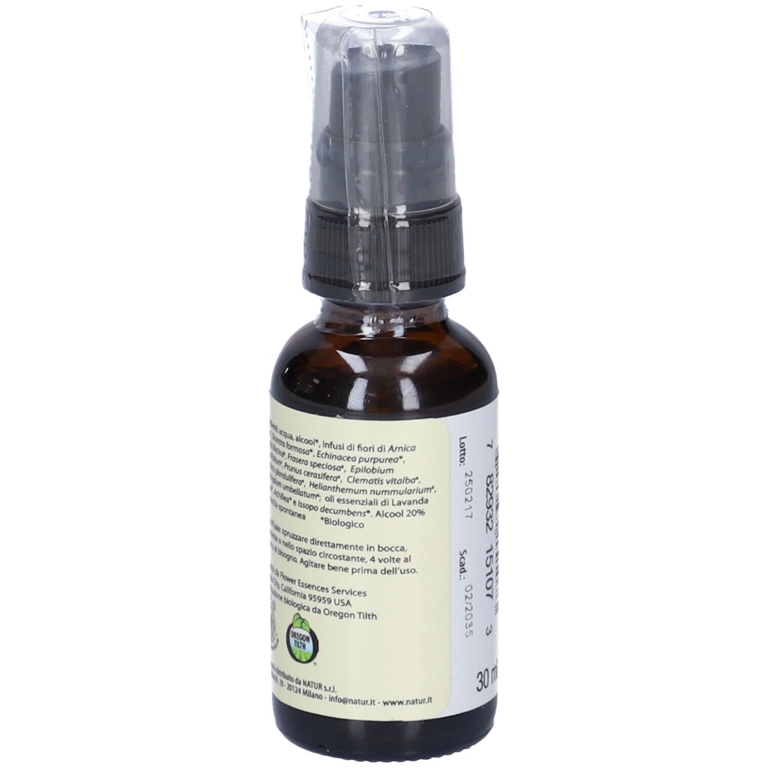 Flacone di vetro marrone con erogatore nero. Etichetta con ingredienti e logo. 30 ml.