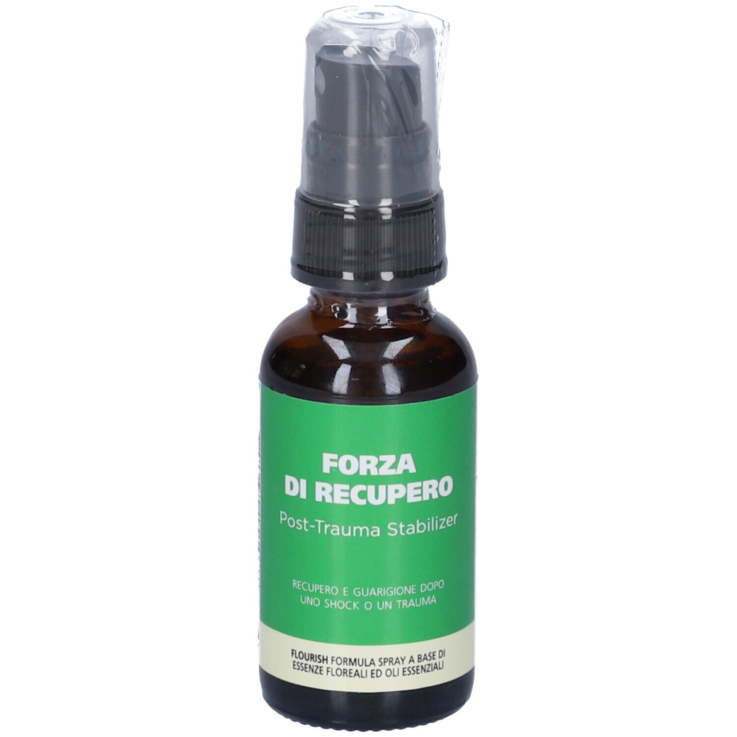 Flacone di vetro marrone con erogatore nero. Etichetta verde e bianca con testo: FORZA DI RECUPERO, Post-Trauma Stabilizer.