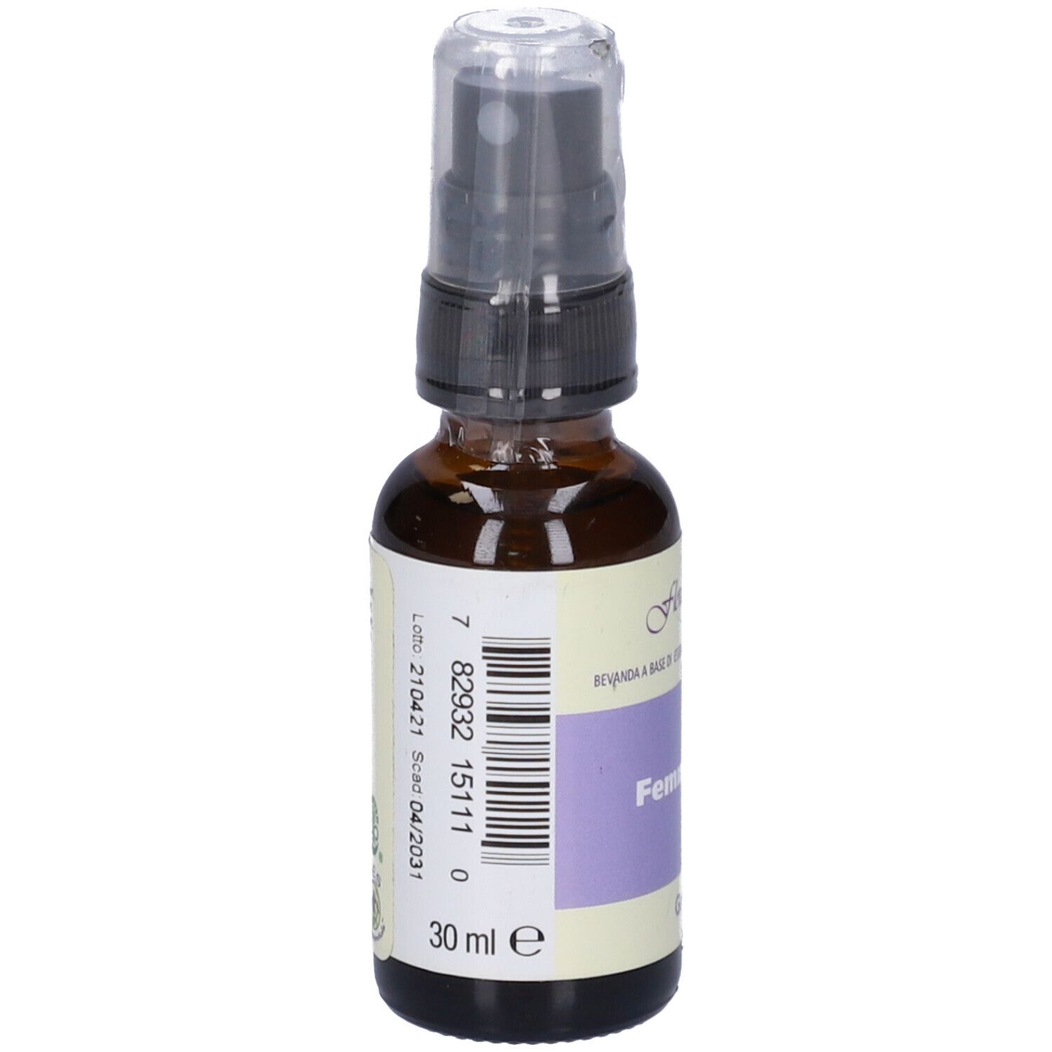 Flacone di vetro marrone con vaporizzatore. Scritta '30 ml'. Etichetta con codice a barre e dati.