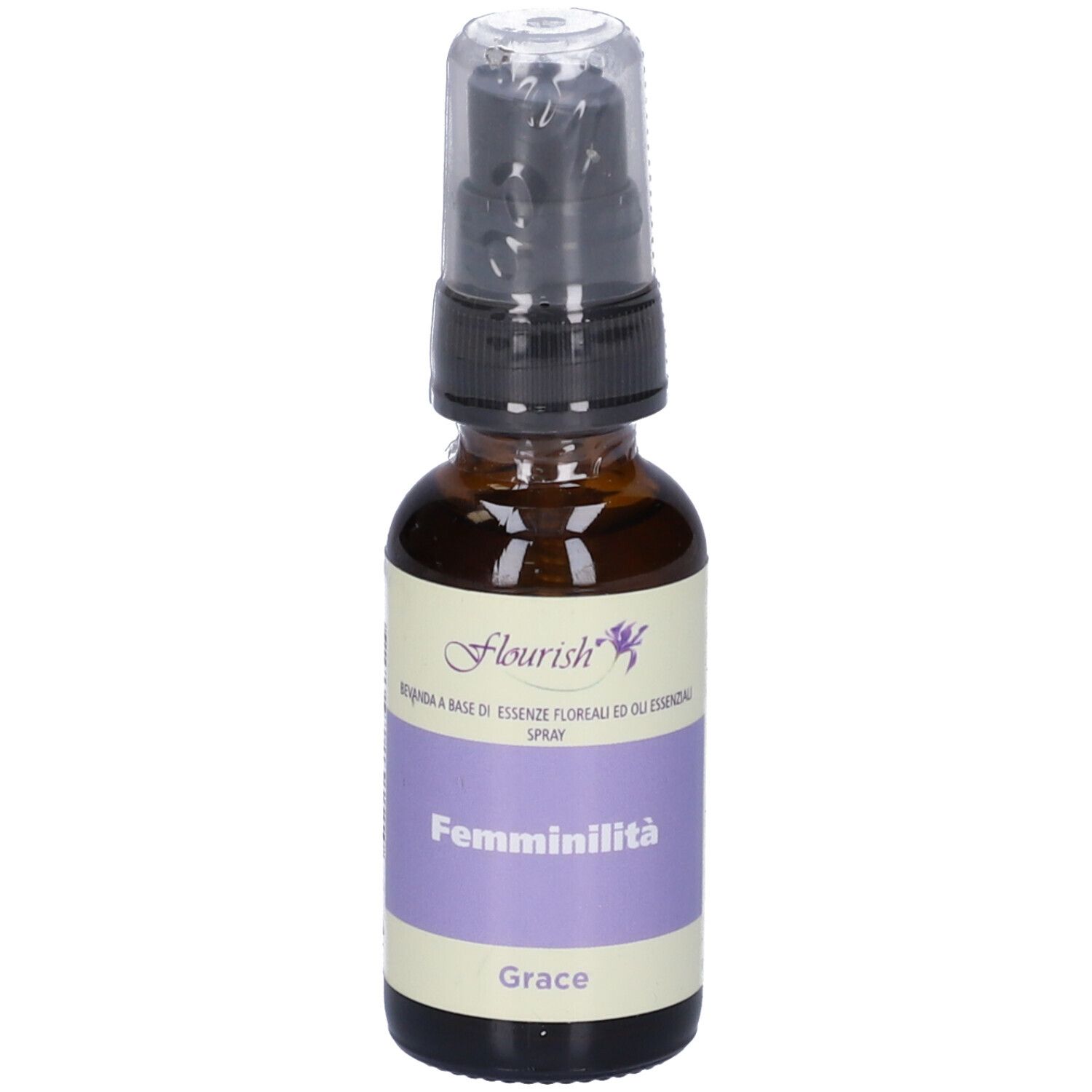 Flacone di vetro marrone con vaporizzatore. Scritta 'Femminilità' e 'Grace'.