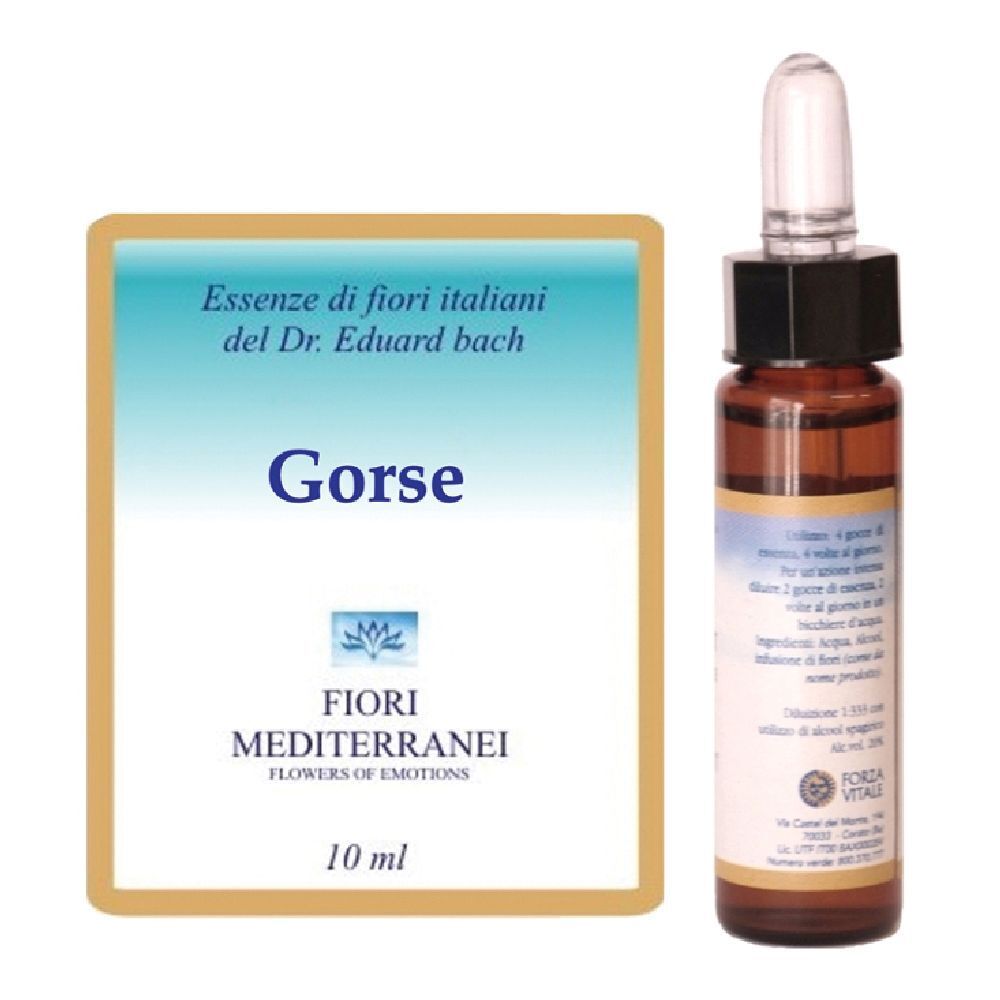 Flacone di vetro marrone con contagocce ed etichetta. Accanto, etichetta rettangolare con testo: Gorse, Fiori Mediterranei, 10 ml.