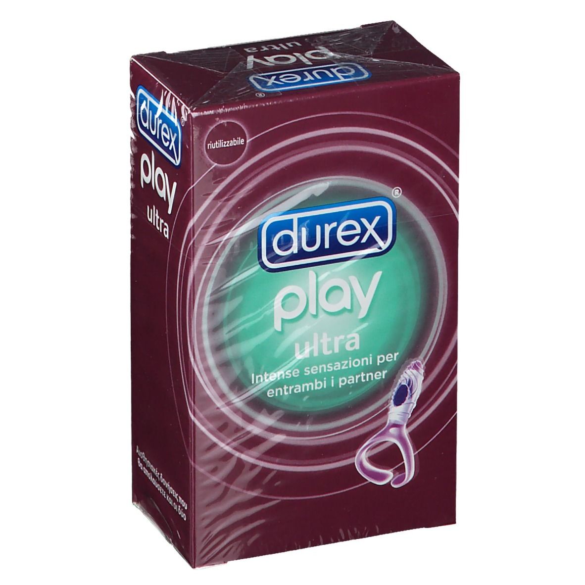 Confezione Durex Play Ultra. Scatola viola con immagine del prodotto. Scritta: Durex Play Ultra.