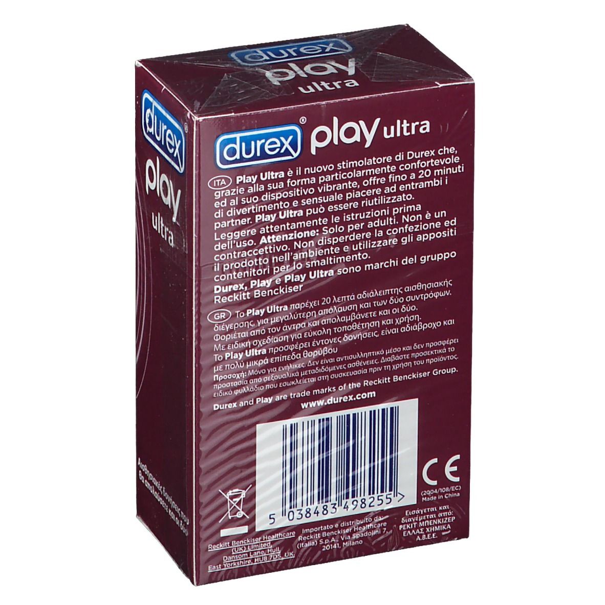 Retro della confezione Durex Play Ultra. Testo e loghi su scatola viola. Marchio CE.