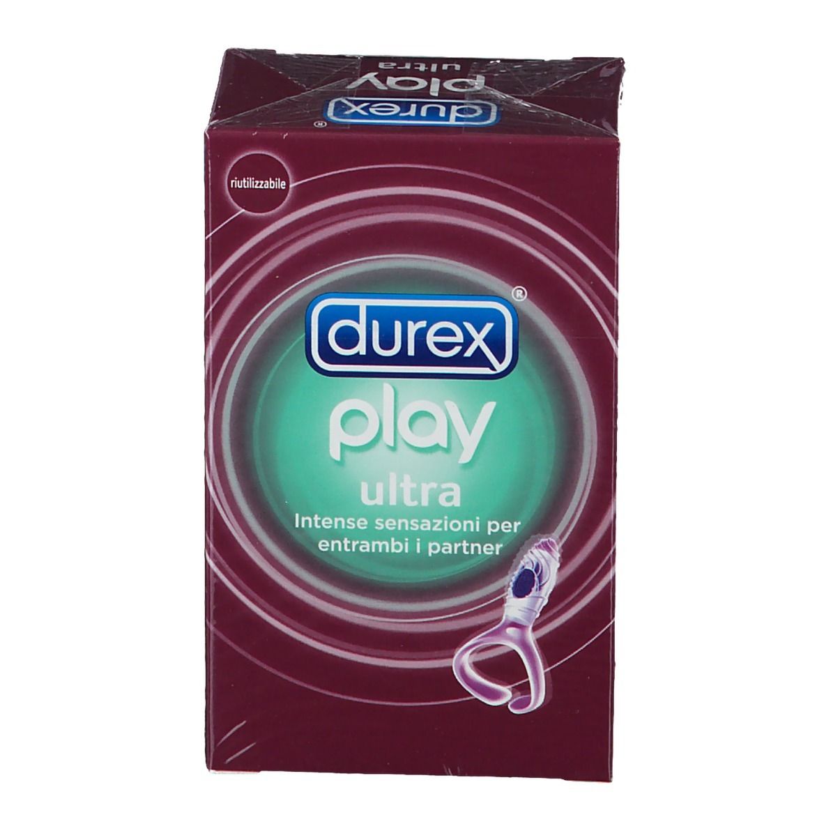 Confezione Durex Play Ultra. Scatola viola con immagine del prodotto. Scritta: Durex Play Ultra.