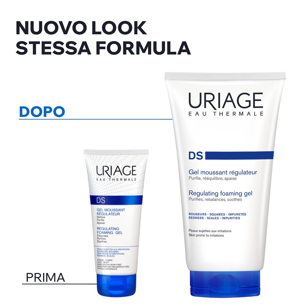 Due tubi di Uriage DS Gel Moussant Régulateur, uno grande e uno piccolo, uno accanto all'altro.