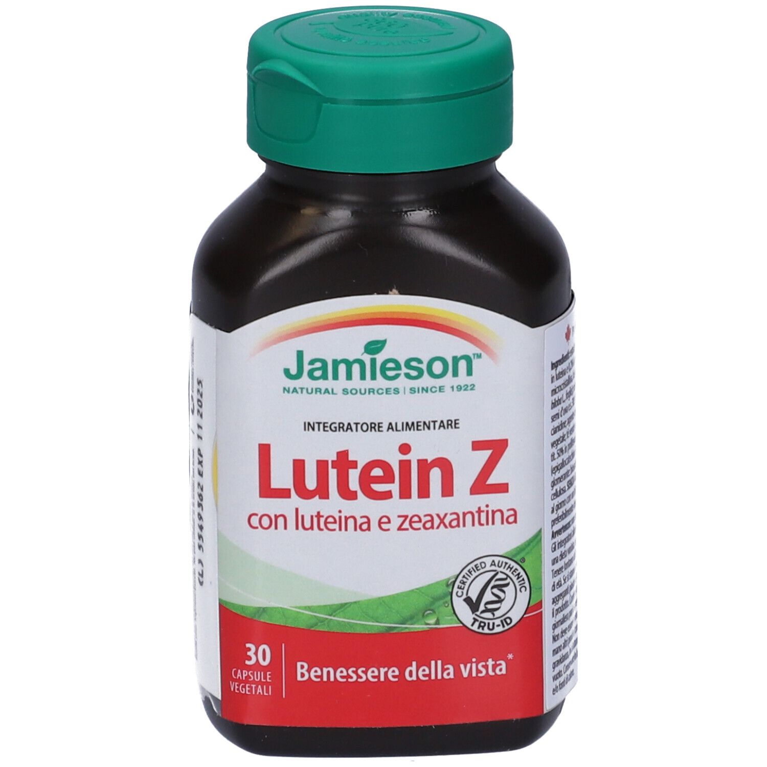 Flacone marrone con tappo verde. Scritta: Jamieson, Lutein Z, 30 capsule. Con certificazione.
