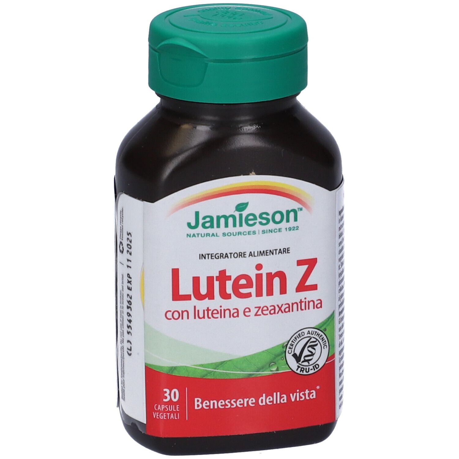 Flacone marrone con tappo verde. Scritta: Jamieson, Lutein Z, 30 capsule. Con certificazione.