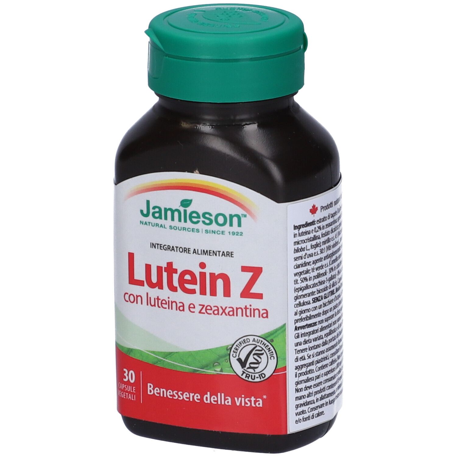 Flacone marrone con tappo verde. Scritta: Jamieson, Lutein Z, 30 capsule. Con certificazione.