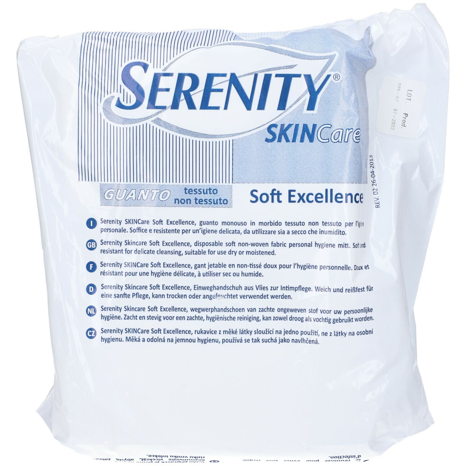 Confezione da 50 pezzi. Logo "Serenity Skin Care". Testo "Guanto non tessuto" e "Soft Excellence". Testo multilingue.