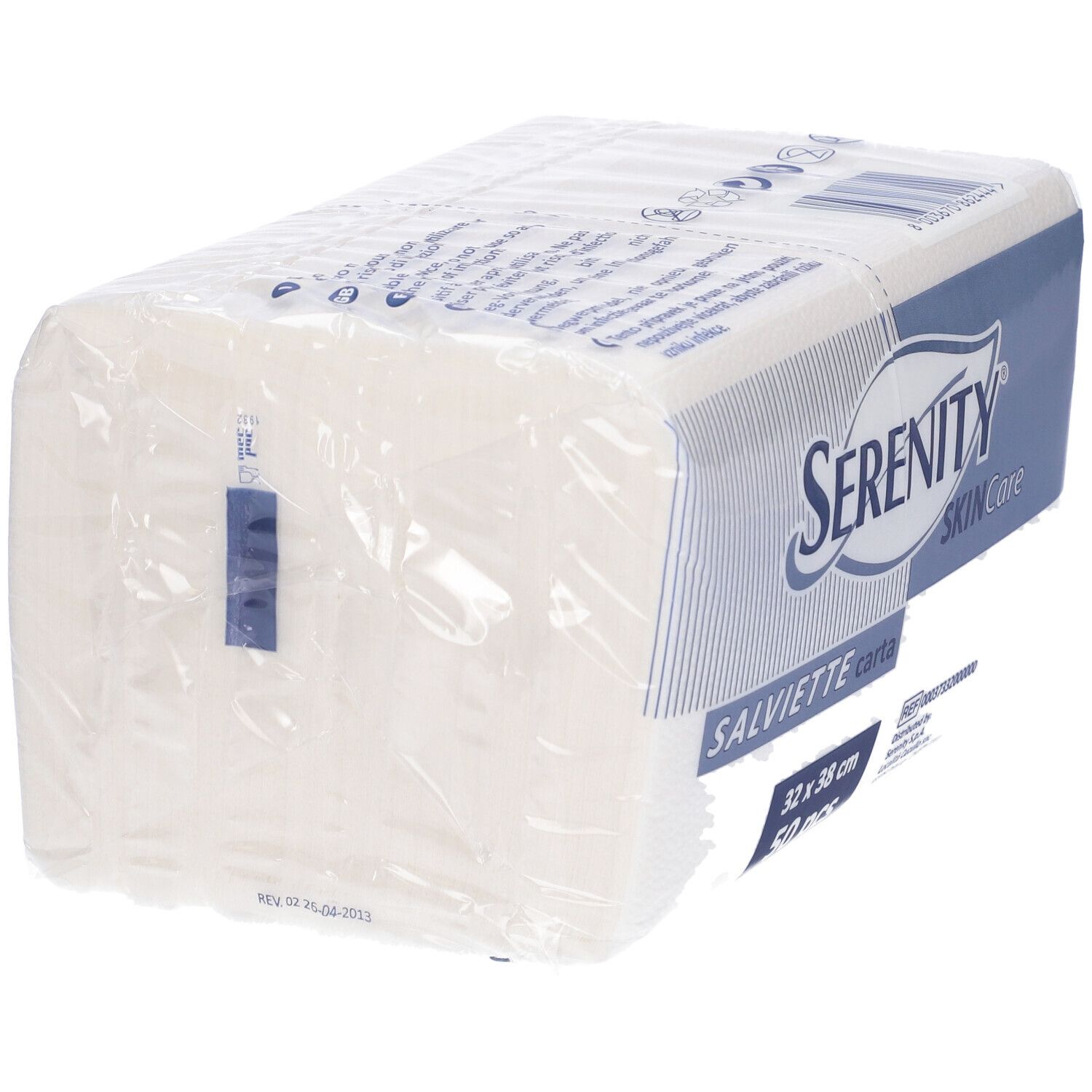 Confezione di salviette bianche. Scritta: Serenity SkinCare, Salvietta carta, 32x38 cm, 50 pezzi.