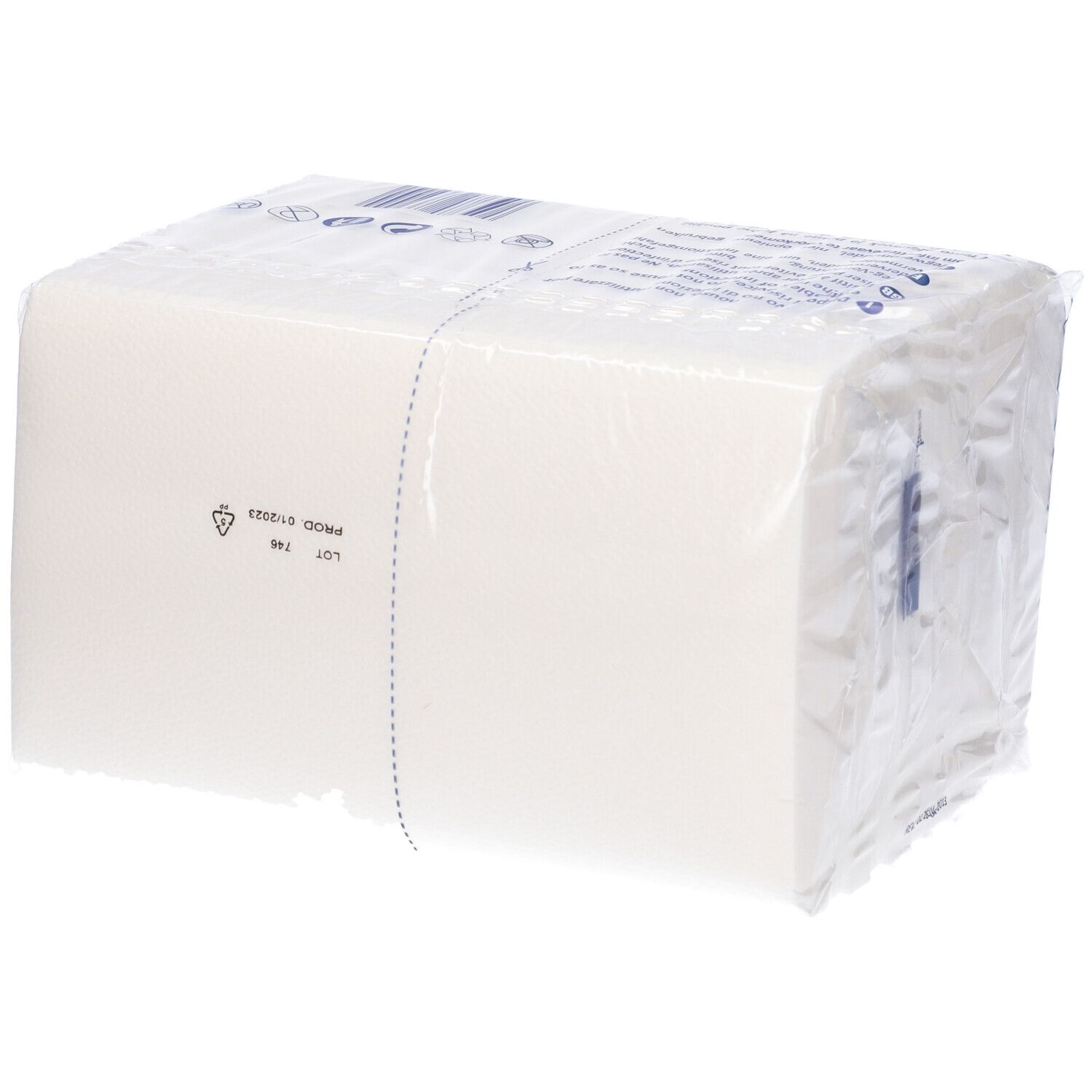 Confezione di salviette bianche. Scritta: Serenity SkinCare, Salvietta carta, 32x38 cm, 50 pezzi.