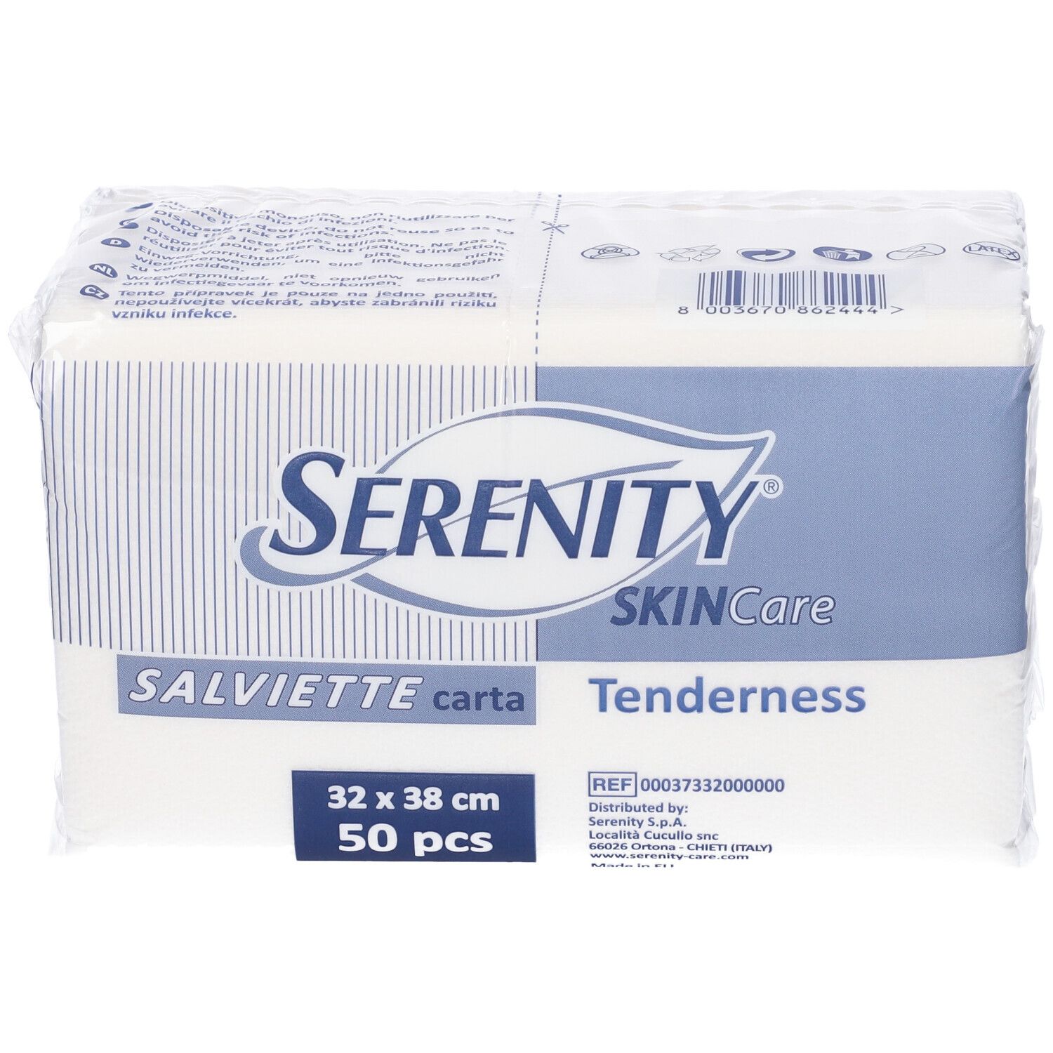 Confezione di salviette bianche. Scritta: Serenity SkinCare, Salvietta carta, 32x38 cm, 50 pezzi.