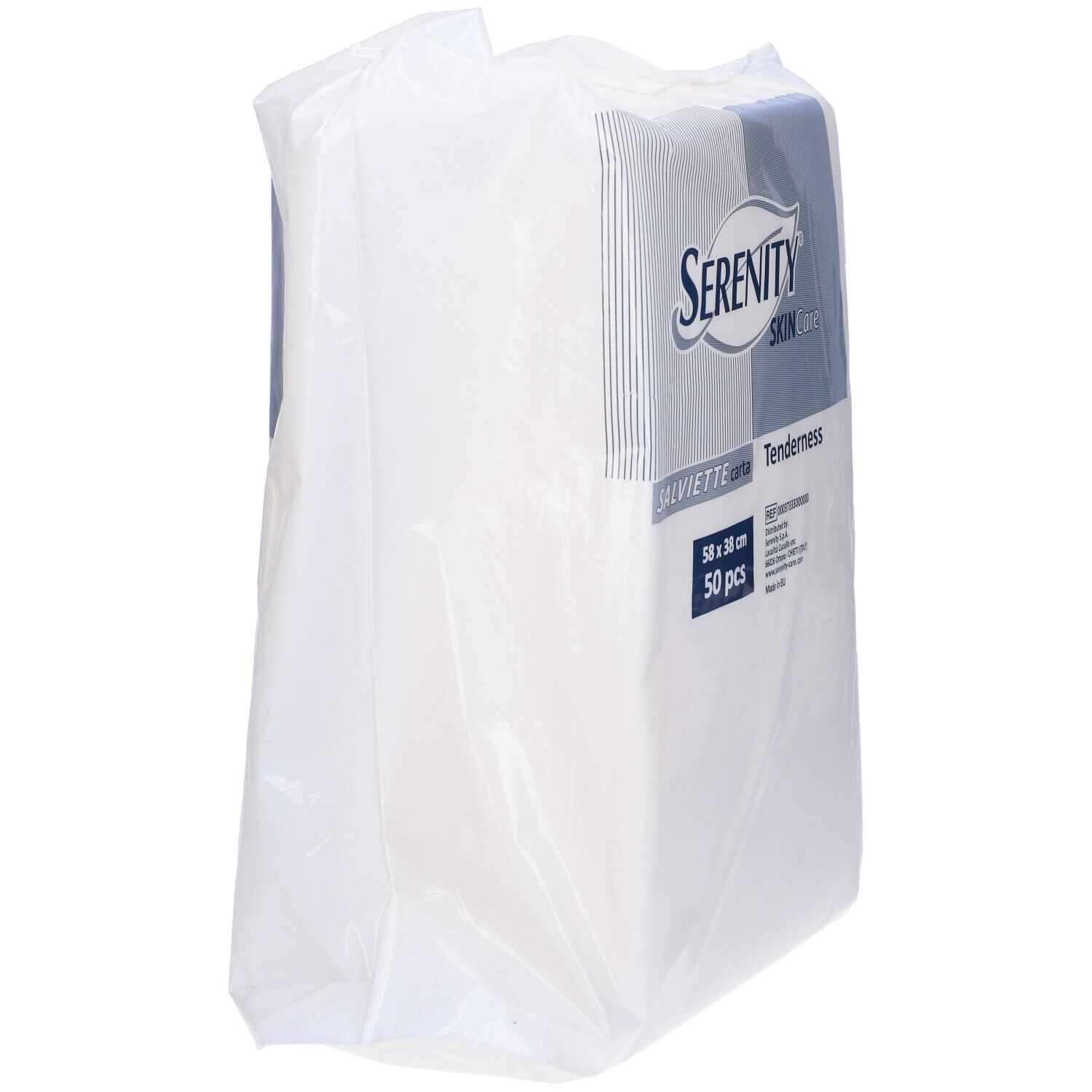 Confezione di salviette bianche. Scritta: Serenity Skin Care, 58 x 38 cm, 50 pezzi.