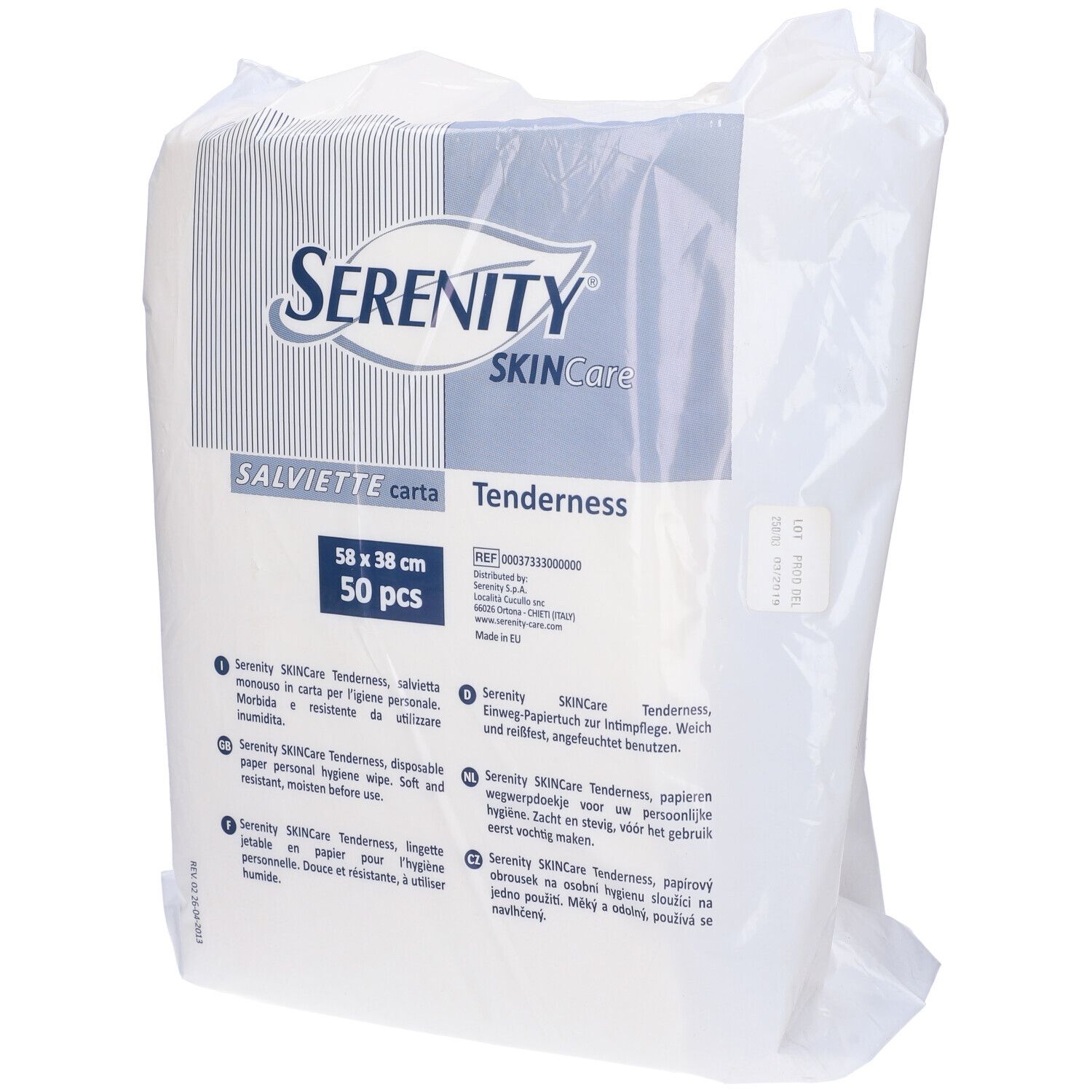 Confezione di salviette bianche. Scritta: Serenity Skin Care, 58 x 38 cm, 50 pezzi.