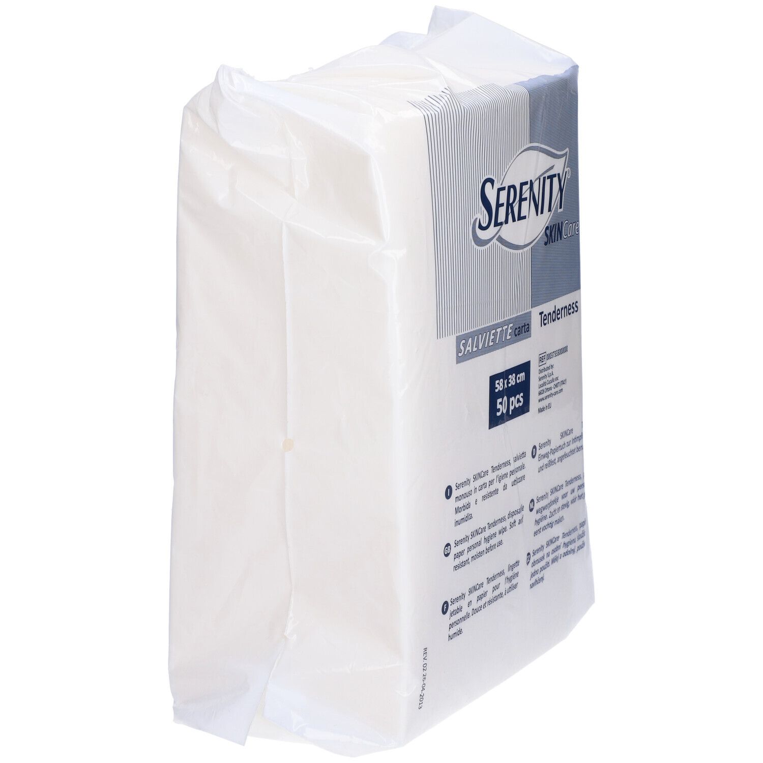 Confezione di salviette bianche. Scritta: Serenity Skin Care, 58 x 38 cm, 50 pezzi.