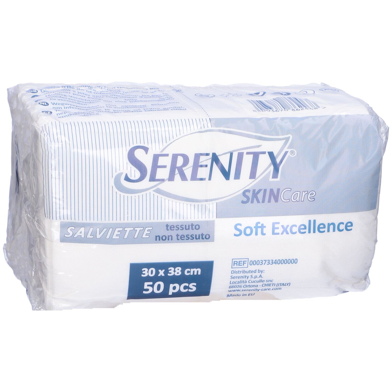 Confezione di salviette bianche. Scritta: Serenity Skin Care, 30 x 38 cm, 50 pezzi, Soft Excellence.