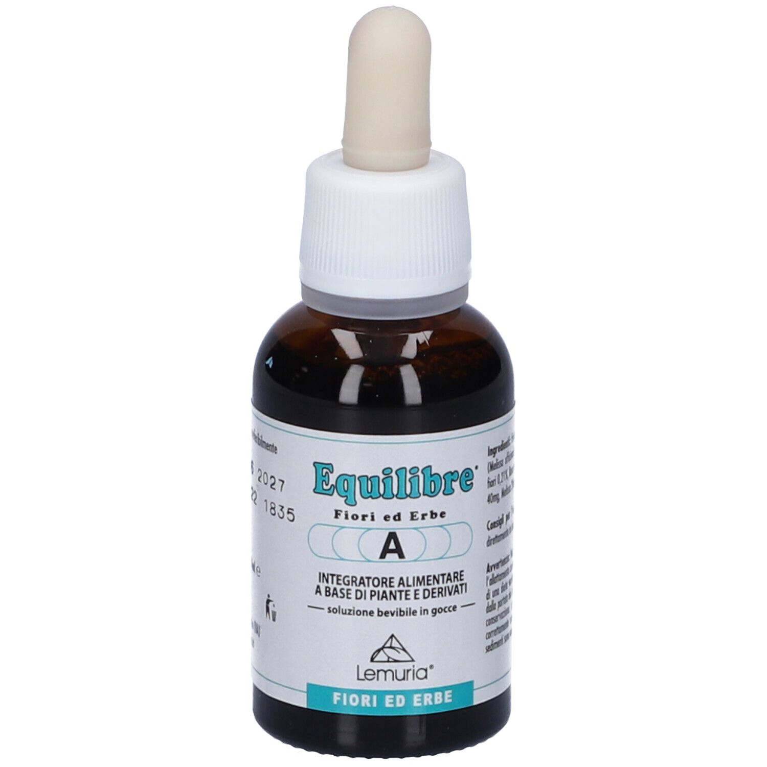 Flacone di vetro marrone con contagocce. Etichetta: Equilibre, erbe e fiori, A. Marchio Lemuria.