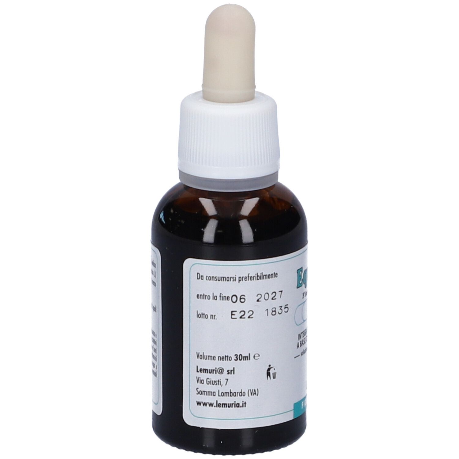 Flacone di vetro marrone con contagocce. Etichetta: Equilibre, erbe e fiori, A. Marchio Lemuria.