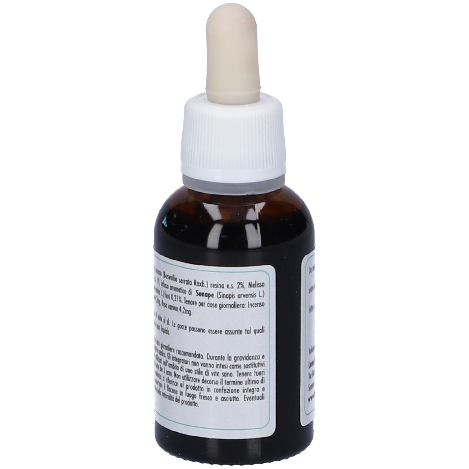 Flacone di vetro marrone con contagocce. Etichetta: Equilibre, erbe e fiori, A. Marchio Lemuria.