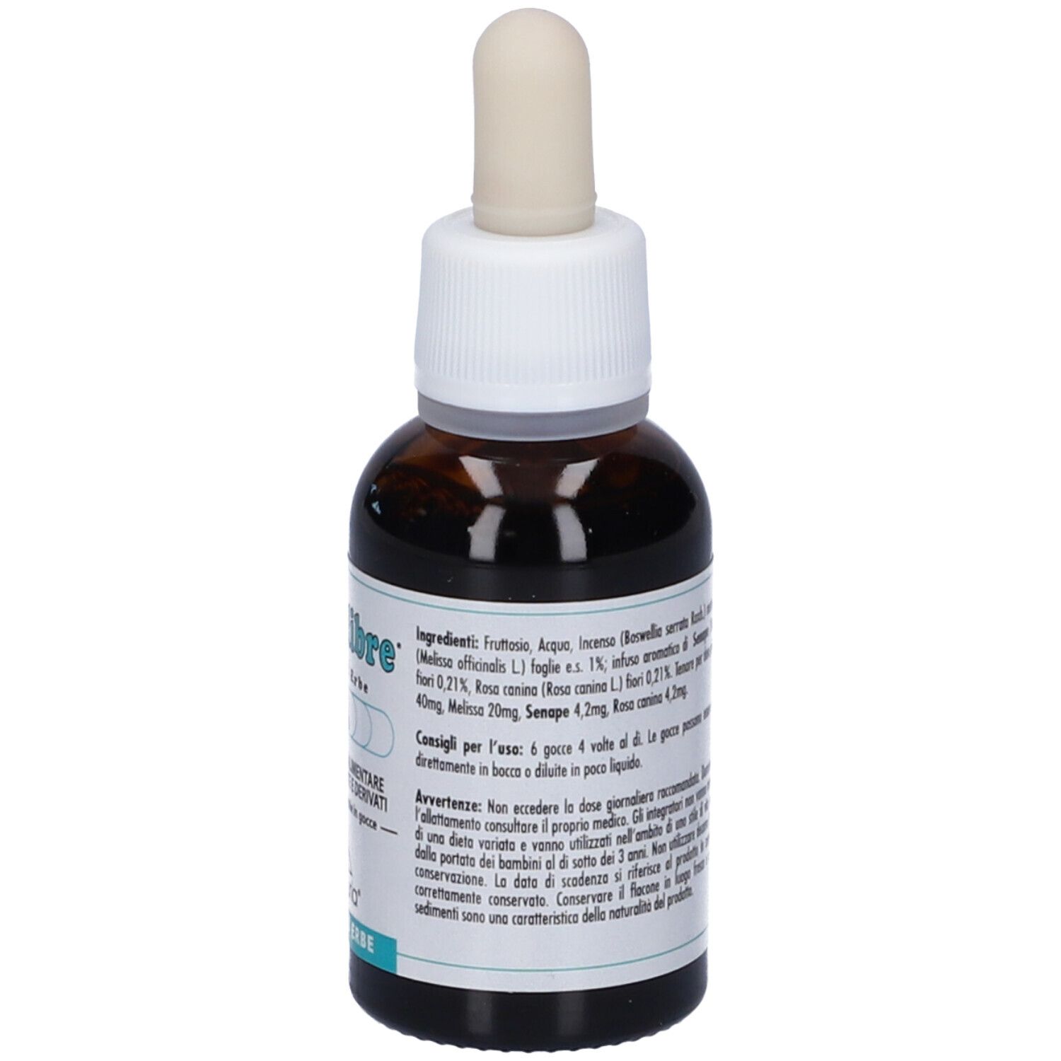 Flacone di vetro marrone con contagocce. Etichetta: Equilibre, erbe e fiori, A. Marchio Lemuria.