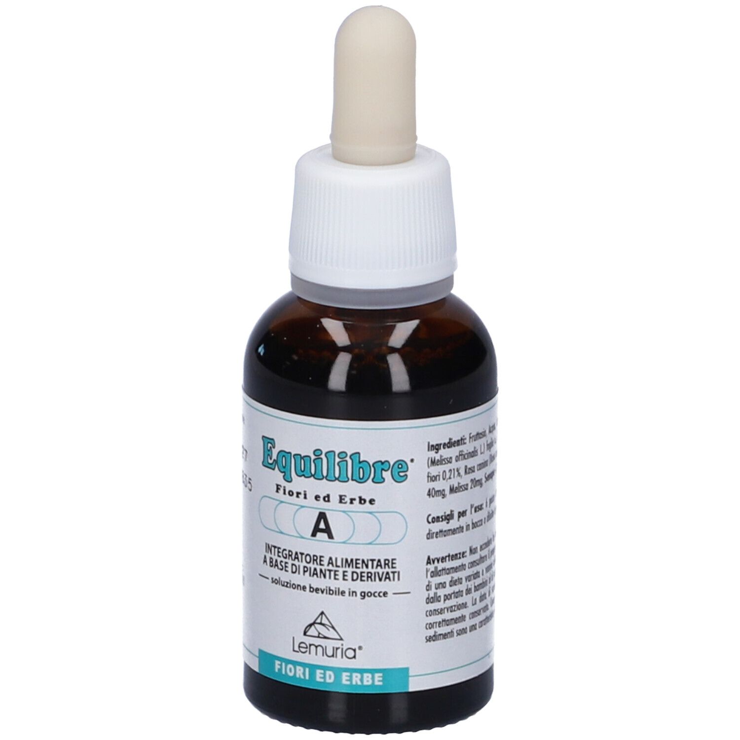 Flacone di vetro marrone con contagocce. Etichetta: Equilibre, erbe e fiori, A. Marchio Lemuria.