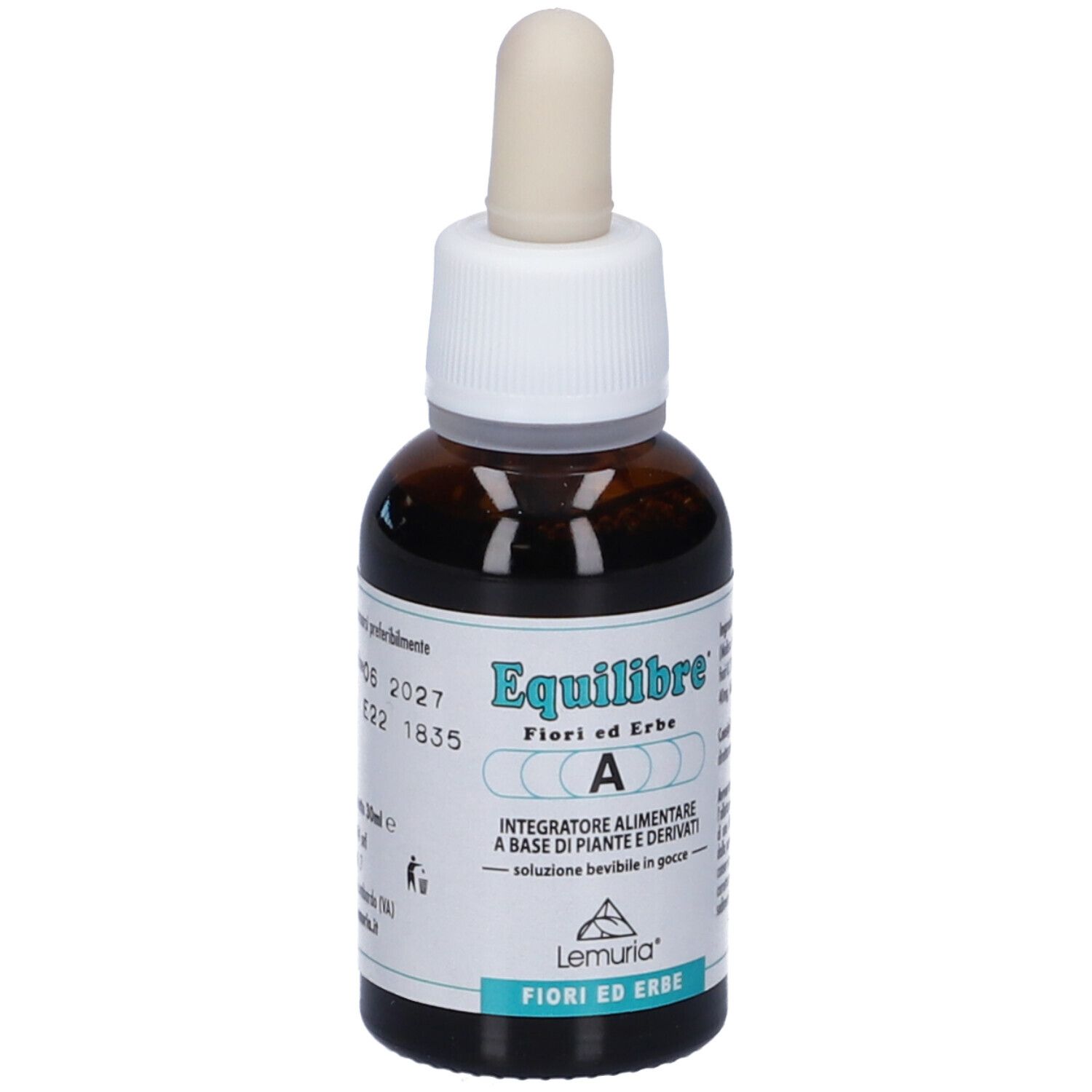 Flacone di vetro marrone con contagocce. Etichetta: Equilibre, erbe e fiori, A. Marchio Lemuria.