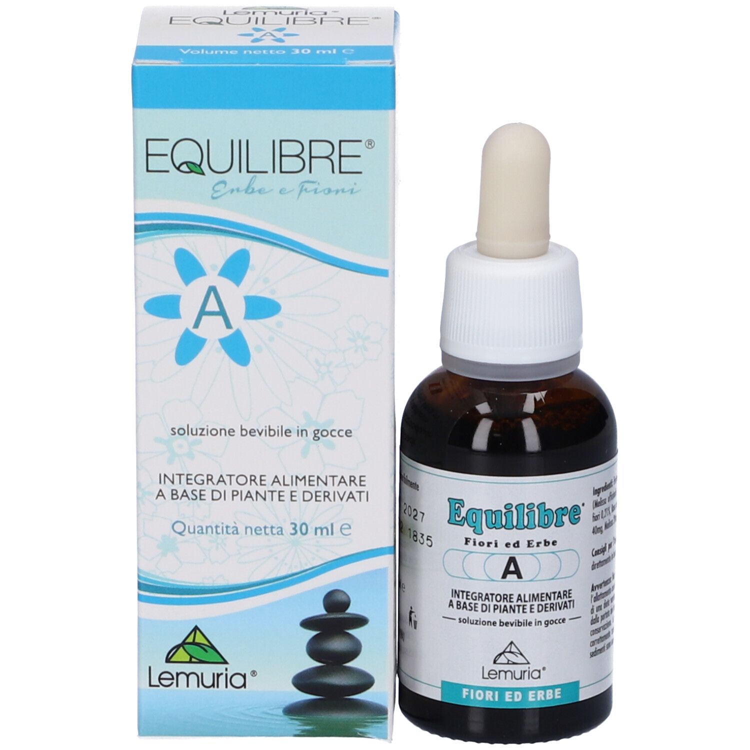 Flacone e confezione del prodotto. Flacone: vetro marrone, contagocce. Confezione: bianca, blu. Marchio Lemuria.