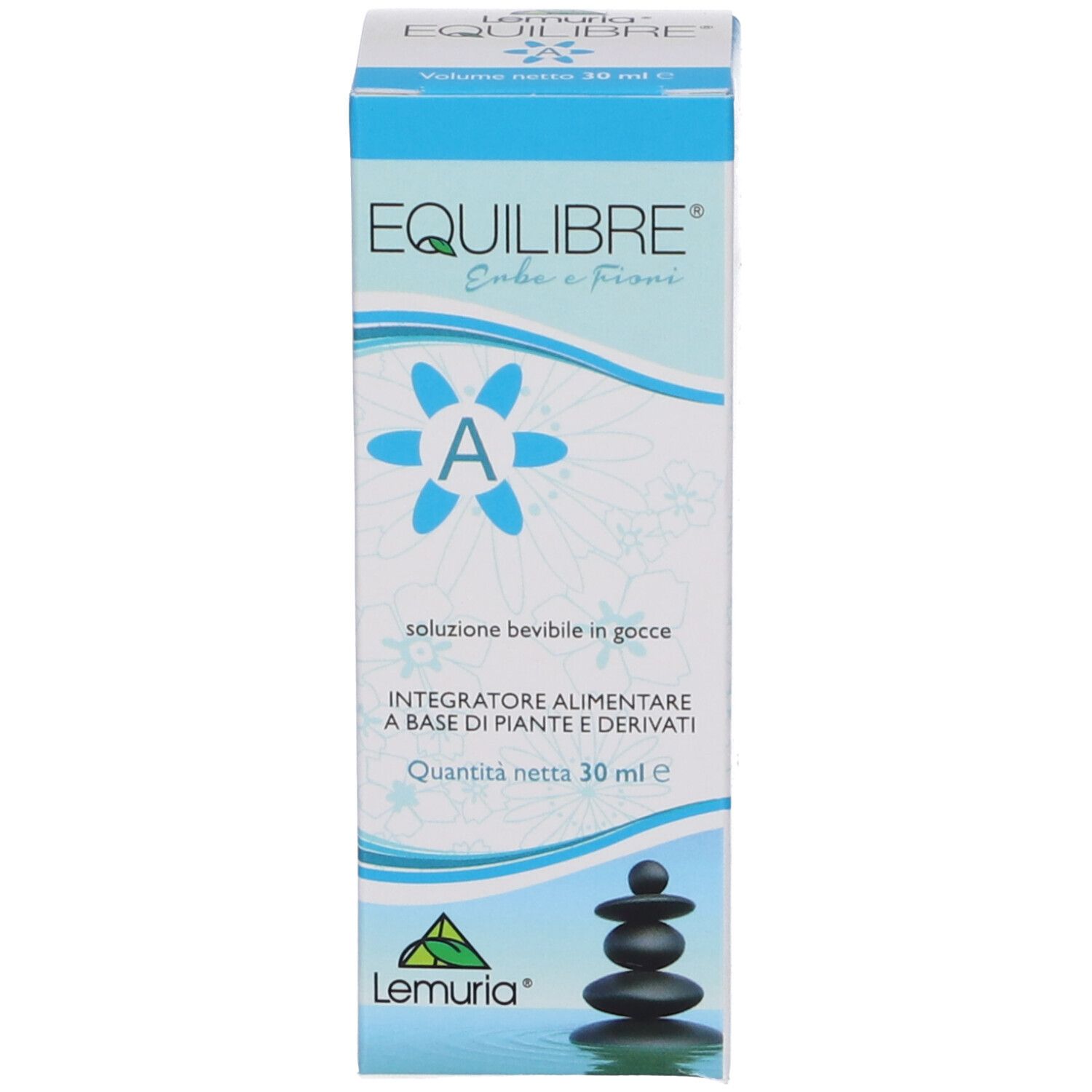 Confezione con etichetta del prodotto. Testo: Equilibre, erbe e fiori, A. Marchio Lemuria. 30 ml.